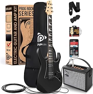 Pyle Prog Rock EG Series Electric Guitar with Amp Kit, 39" Full Size with Dual Humbucker Pickups, Low Profile Neck and Solid Paulownia Body, Premium Accessory Kit Included (Prog Rock, Black)