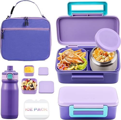 Miniatura 10 de Lonchera Bento para niños con termo de 8 onzas, a prueba de fugas, con 2 compartimentos, botella aislada, bolsa de almuerzo, sin BPA, apta para