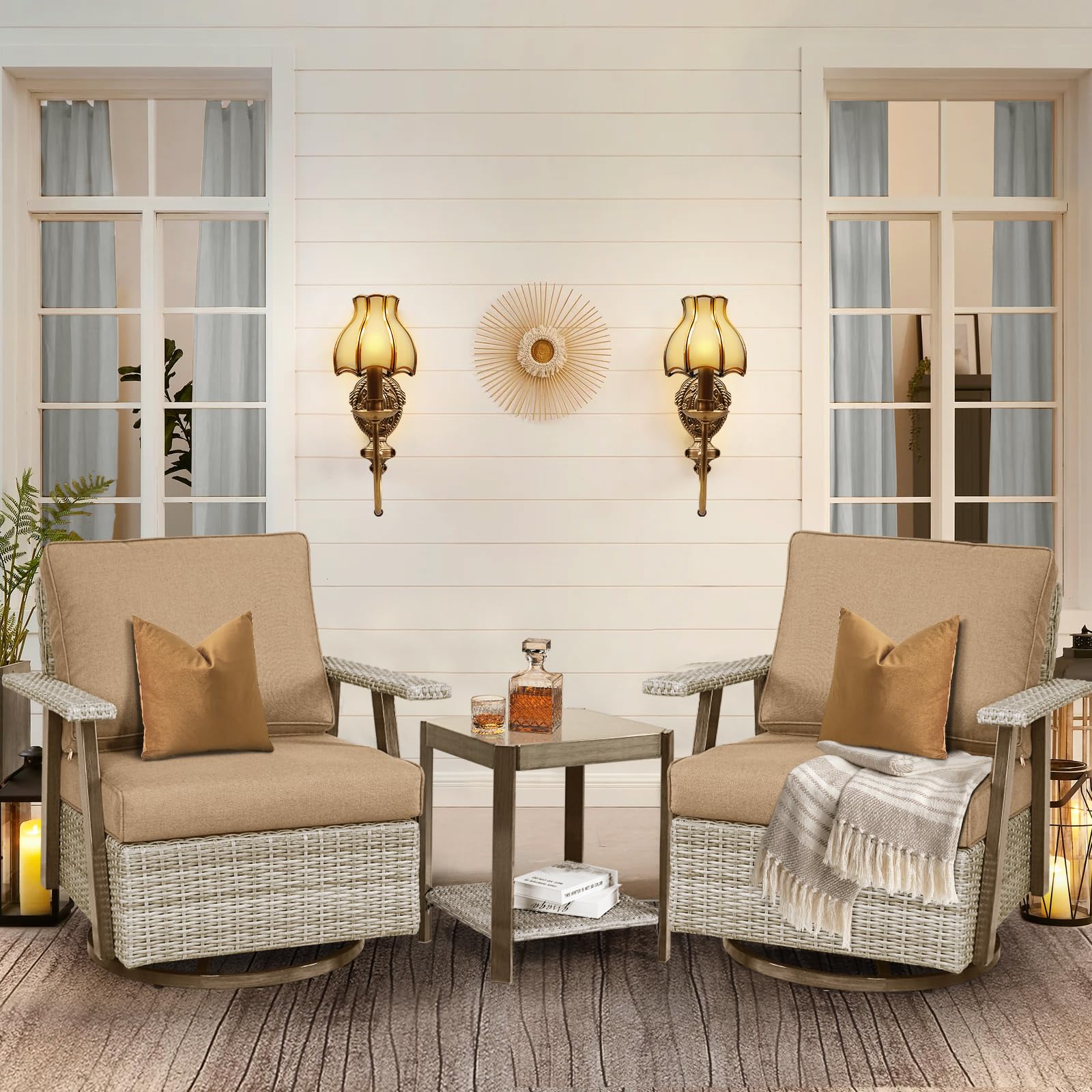 Auzfy 3 Pieces Outdoor Patio Furniture Set with Swivel Rocking, PE Wicker Outdoor Swivel Chairs Set of 2 with Side Table, Oversized Patio Rocking