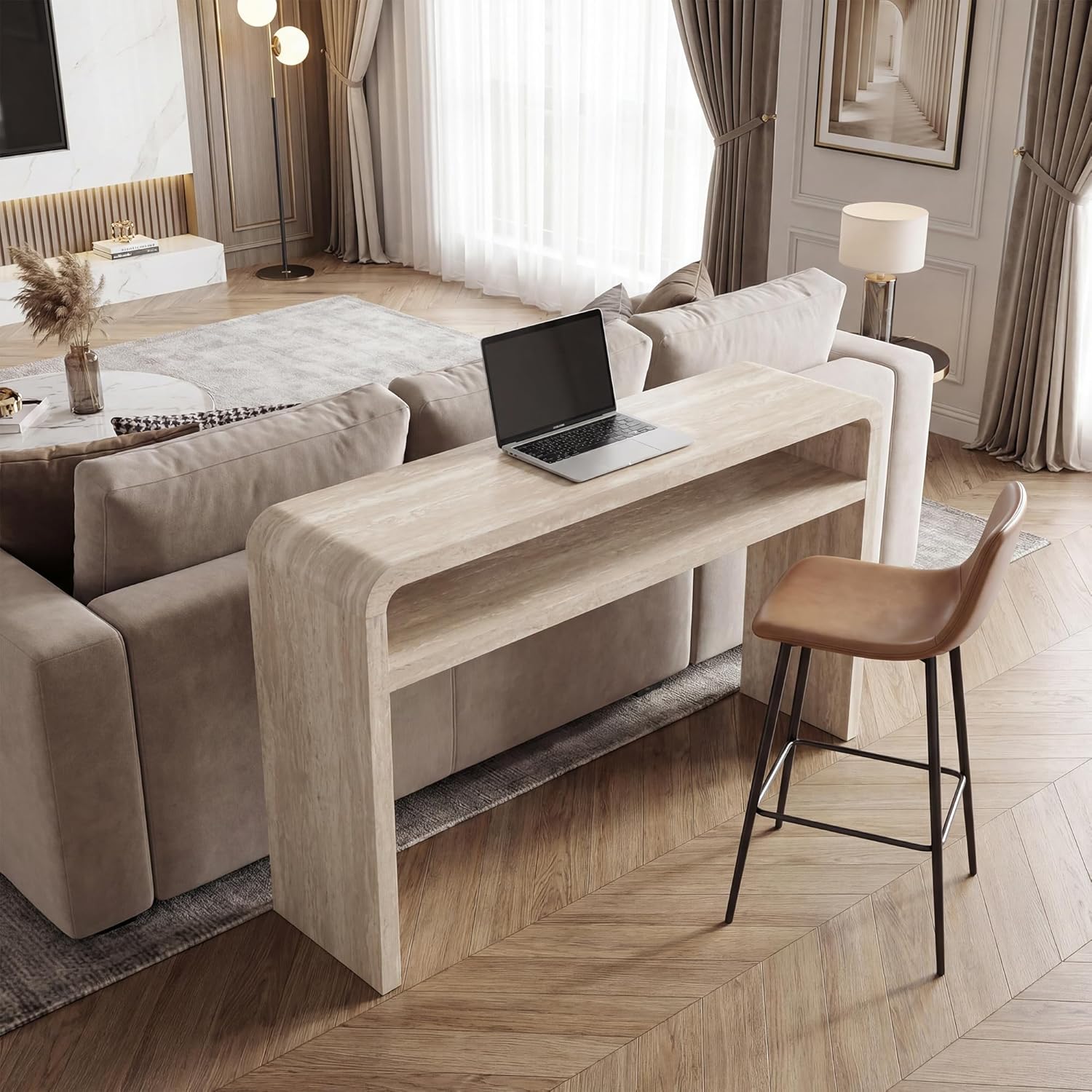 Hyfirm 51 Inch Long Modern Console Table for Entryway, Travertine Style Sofa Table Behind Couch, 30” Tall Hallway Tables with Lower Shelf, Simple Beige Wooden Console for Living Room, Foyer, Apartment