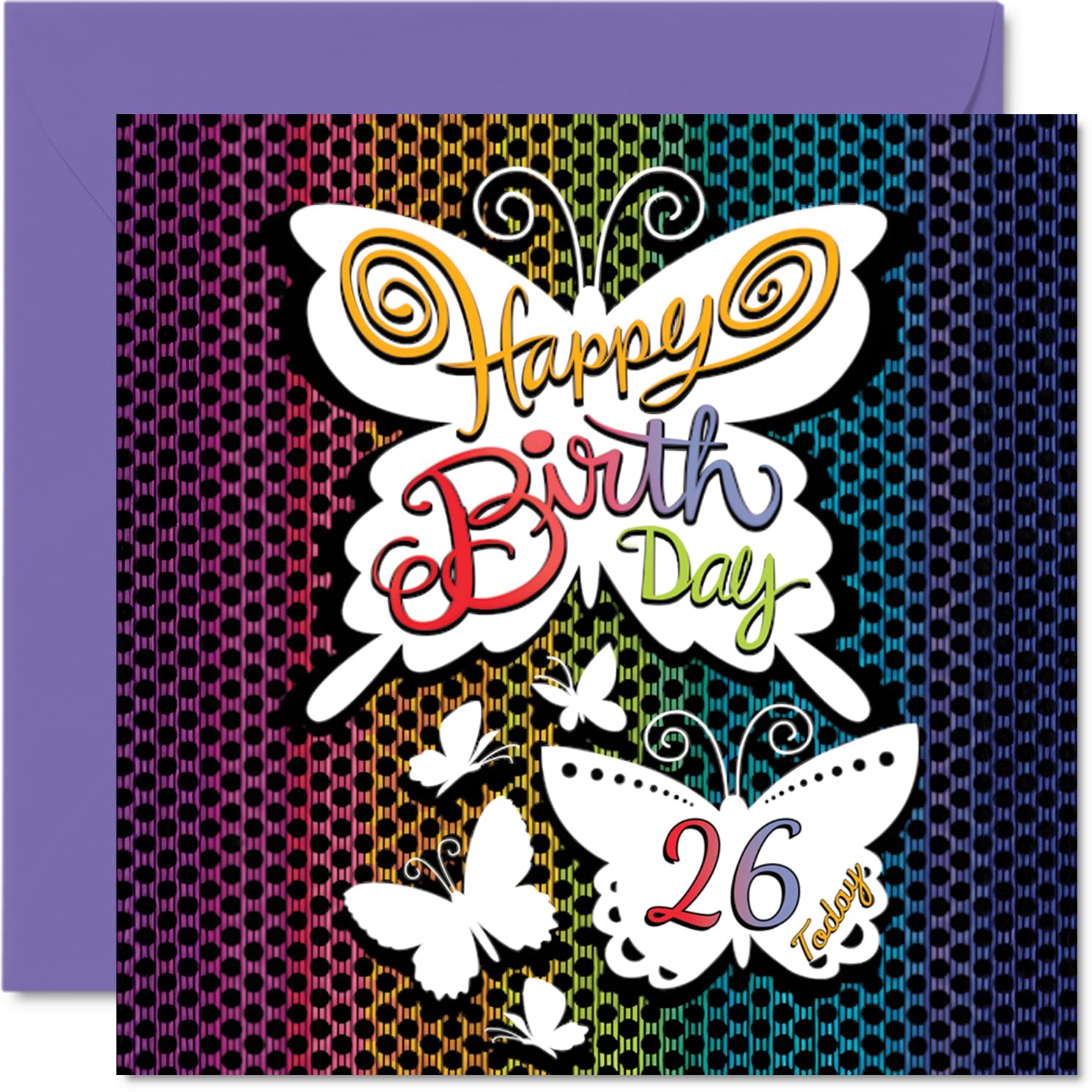26th Birthday Cards for Women - Rainbow Butterfly - Happy Birthday Card for 26 Year Old Woman Auntie Neighbour Niece Friend, 145mm Bday Greeting Cards