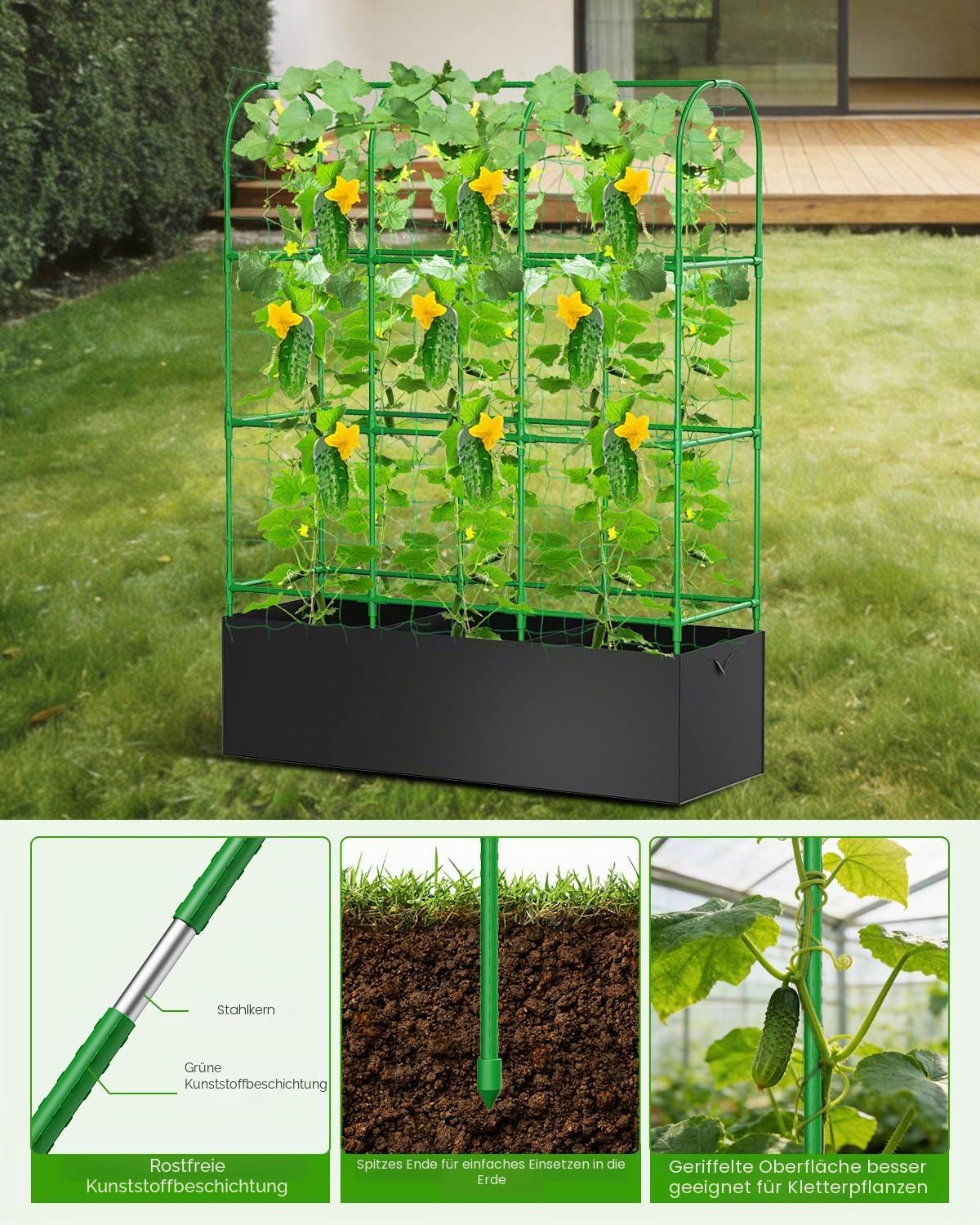 Gurken Rankhilfe 127 x 162cm mit Pflanztasche, 2-in-1 Rankhilfe für Gurken & Tomaten, Höhenverstellbares Tomatenkäfig mit atmungsaktiver Stoffplanter für Garten, Balkon & Terrasse