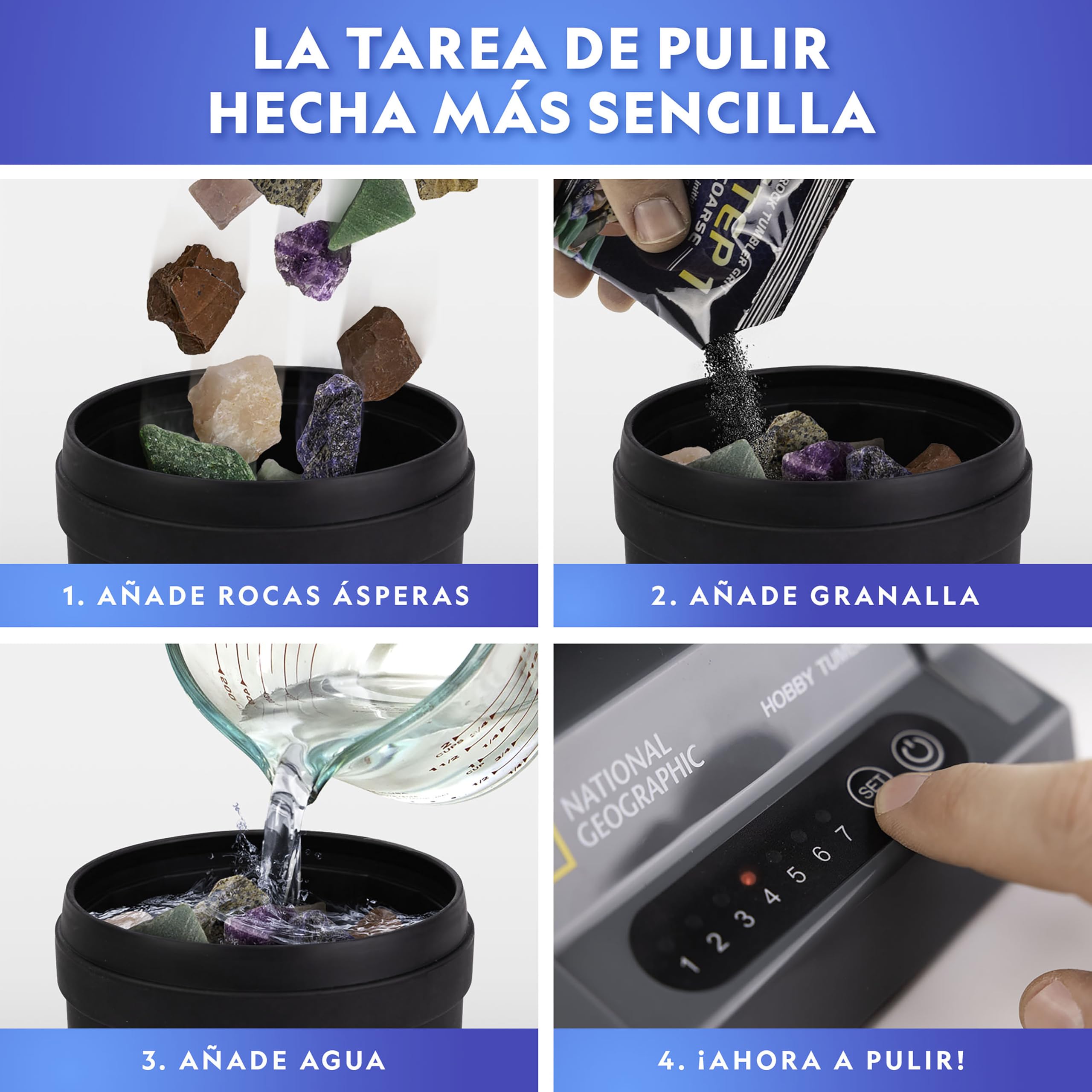 National Geographic Kit de Pulidora de Rocas Hobby – Pulidora de Rocas Resistente y Antifugas con Temporizador de 7 Días, Kit Completo de Geología para Niños
