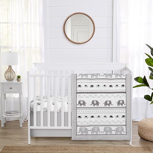 Sweet Jojo Designs Gris y blanco bohemio elefante bohemio niño niña género neutro unisex bebé cuna juego de ropa de cama infantil habitación manta