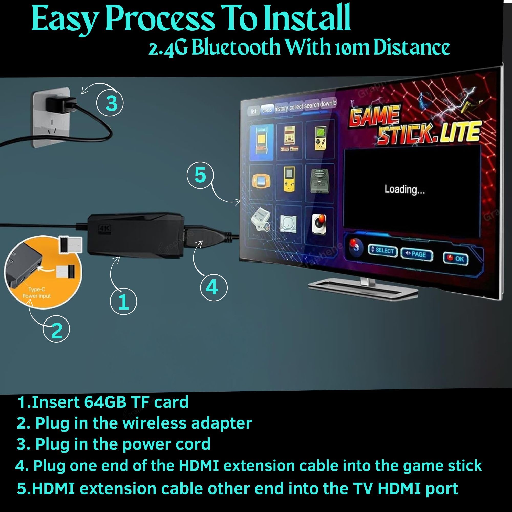 GRAPHENE Wireless Video Games Console Ultra HD TV Wireless Retro Video Games For Kids Dual Player Stick Lite 64GB Plug & Play Video Game Kids Adults 2.4G 10000+ Games Controllers Gamepad 9 Emulators Best Gift 14+ Age 1