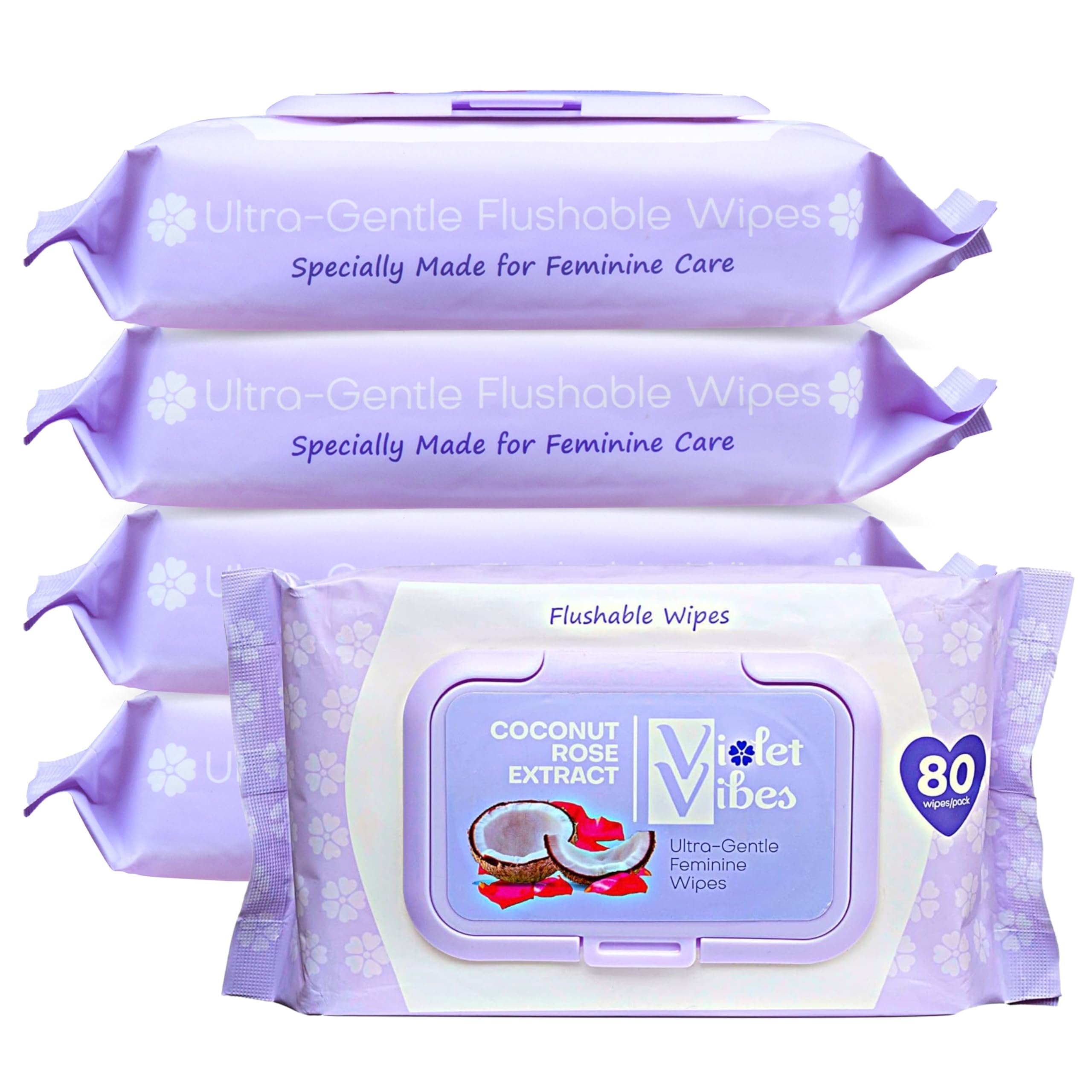 Violet VibesFlushable Wipes for Women - Coconut Rose, 400 Count, Plant Based, Gentle on Sensitive Skin