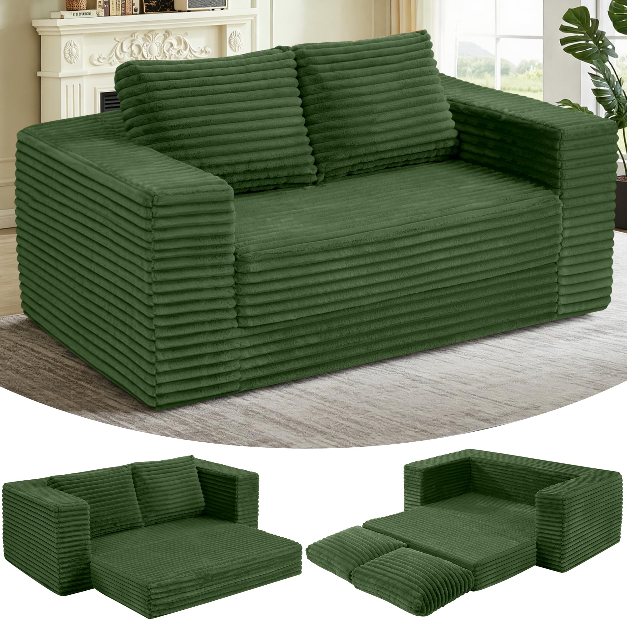 HABUTWAY 62" Boneless Couch,3-in-1 Convertible Folding Sofa Bed,Green
