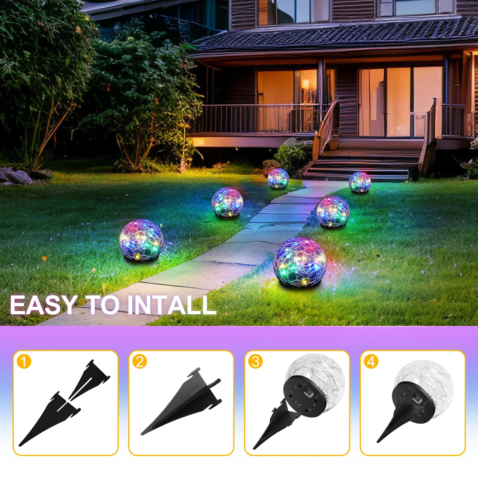 Anordsem Boule Solaire Exterieur Jardin, Solaires Jardin à Verre Façon Craquelé Boules Lumineuses avec 30 LED Changements de Couleur Boule Jardin IP65 étanche, pour pelouse Terrasse Balcon décoration