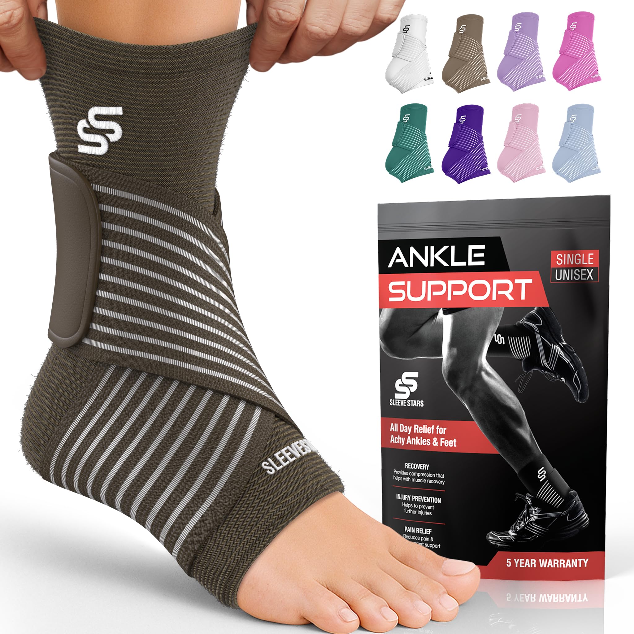 Sleeve Stars Ankle Brace for Women & Men, Ankle Wrap for Sprain, Compression Sleeve for Plantar Fasciitis Relief, Easy Customizable Support: w/Removable Strap (Single/M:10"-12"/Dark Brown)