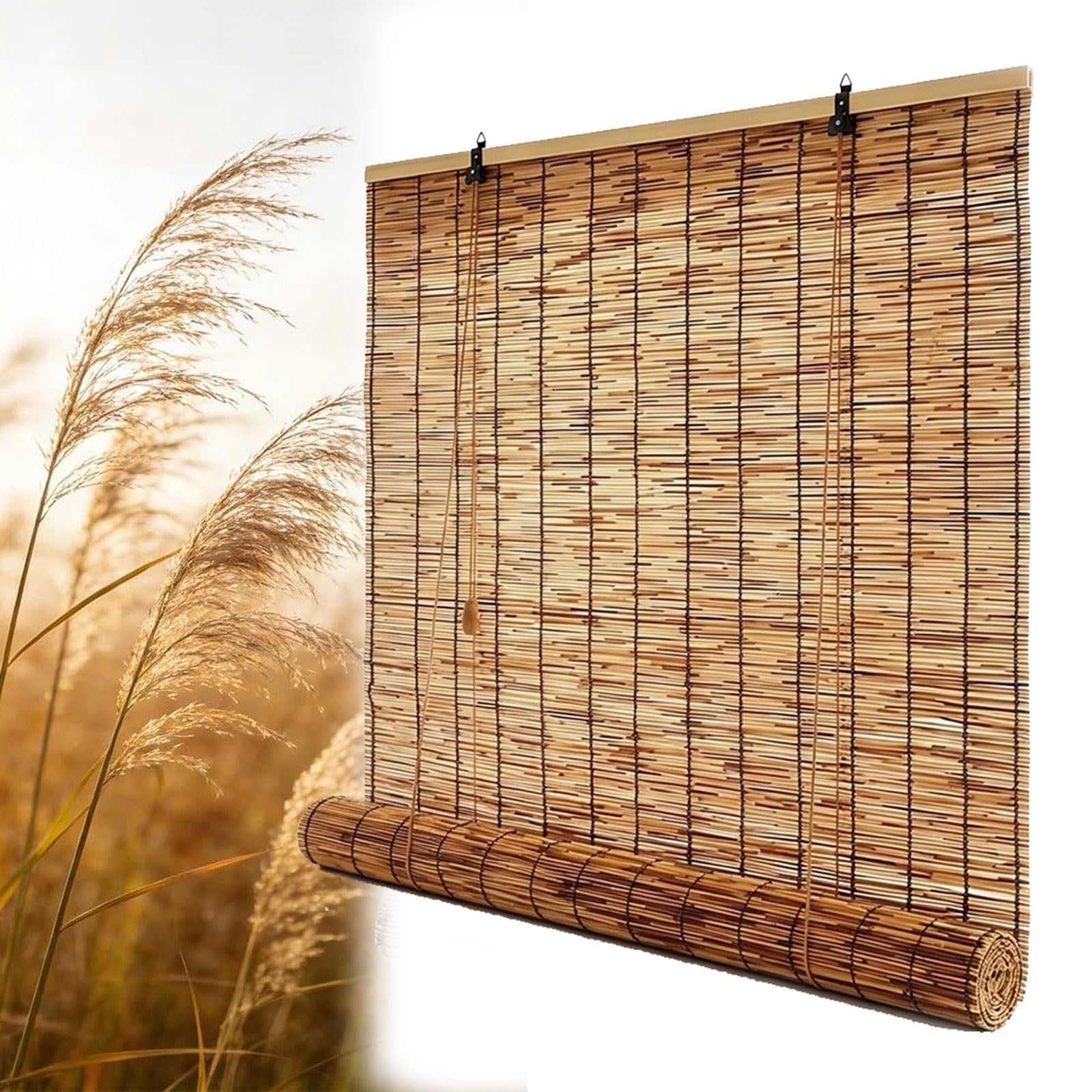 Bamboo Roll up Blinds, Natural Reed Roller Shades, Dark/Light Cordless Blackout Custom Sizes Handwoven for Porch, Patio, Yard, Windows(Dark)