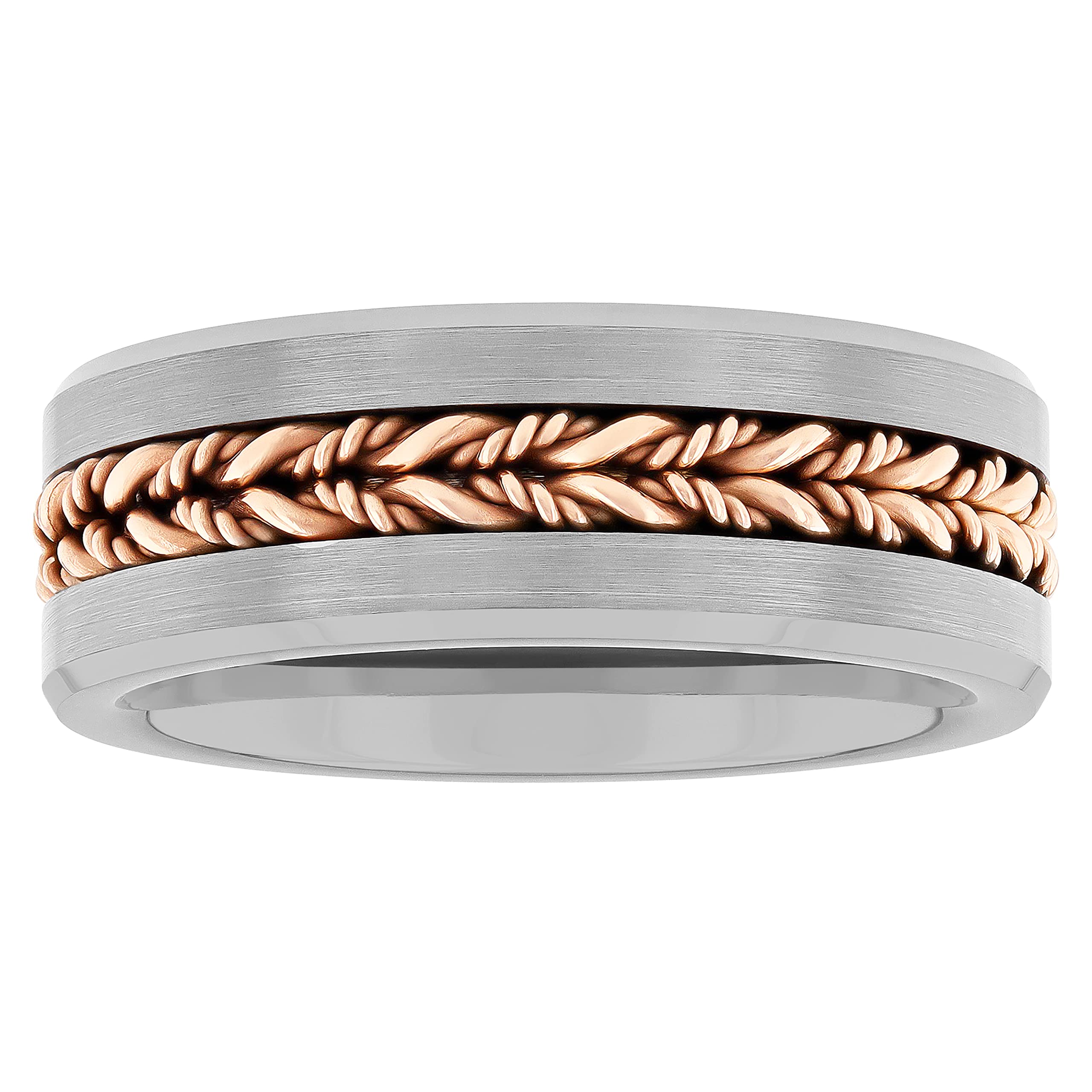 STEEL NATION JEWELRY Tantalum Carbide 8mm Silver Tone Brushed Finish with Rose Gold Tone Braided Center Mens Wedding Band Ring