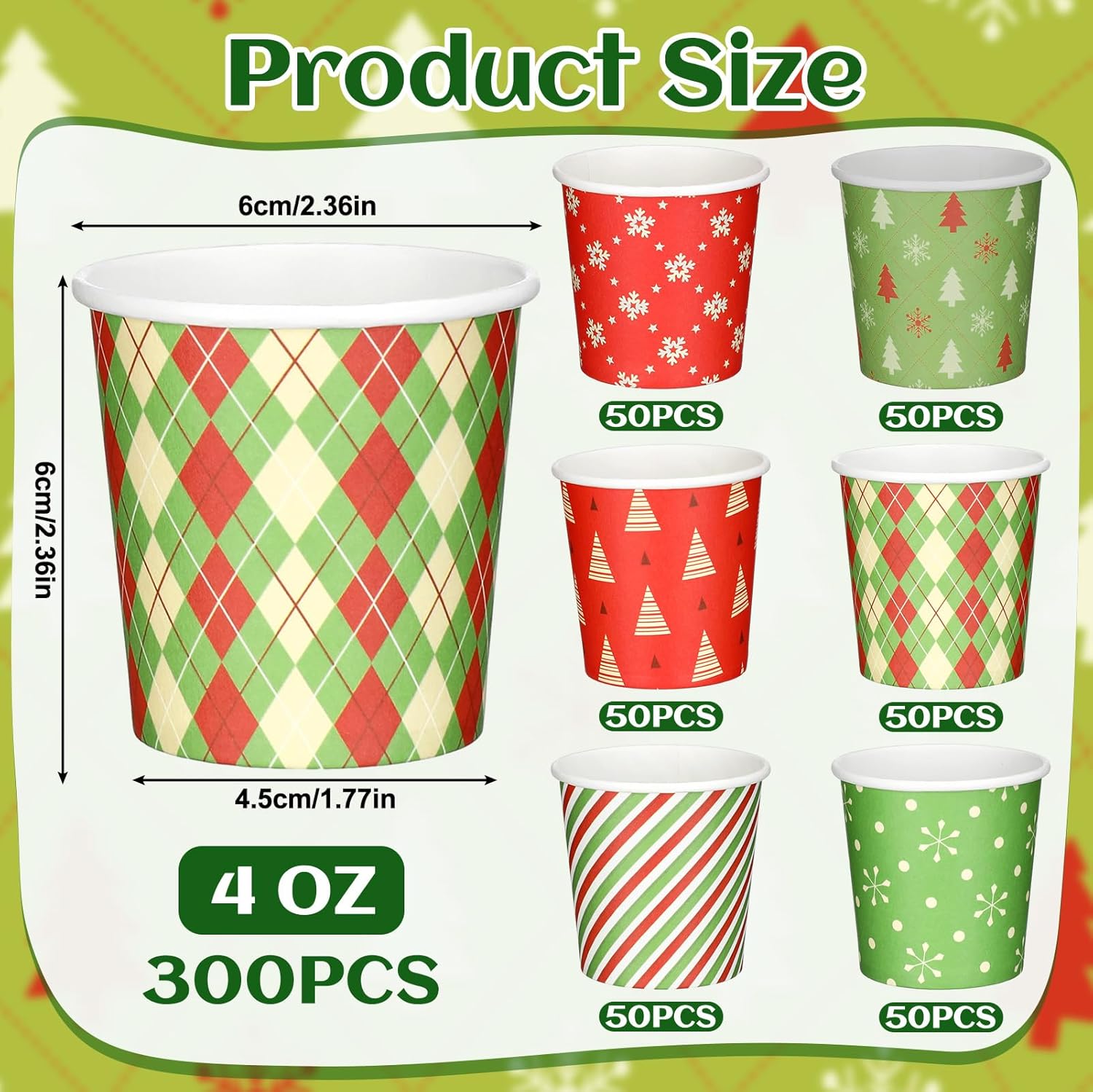 Maxcheck 300 Pcs Christmas Paper Cups 4 oz Disposable Holiday Supplies 6 Styles Paper Coffee Espresso Cups Xmas Green Red Drink Drinkware for Chocolate Tea Cocoa Beverage Party Office