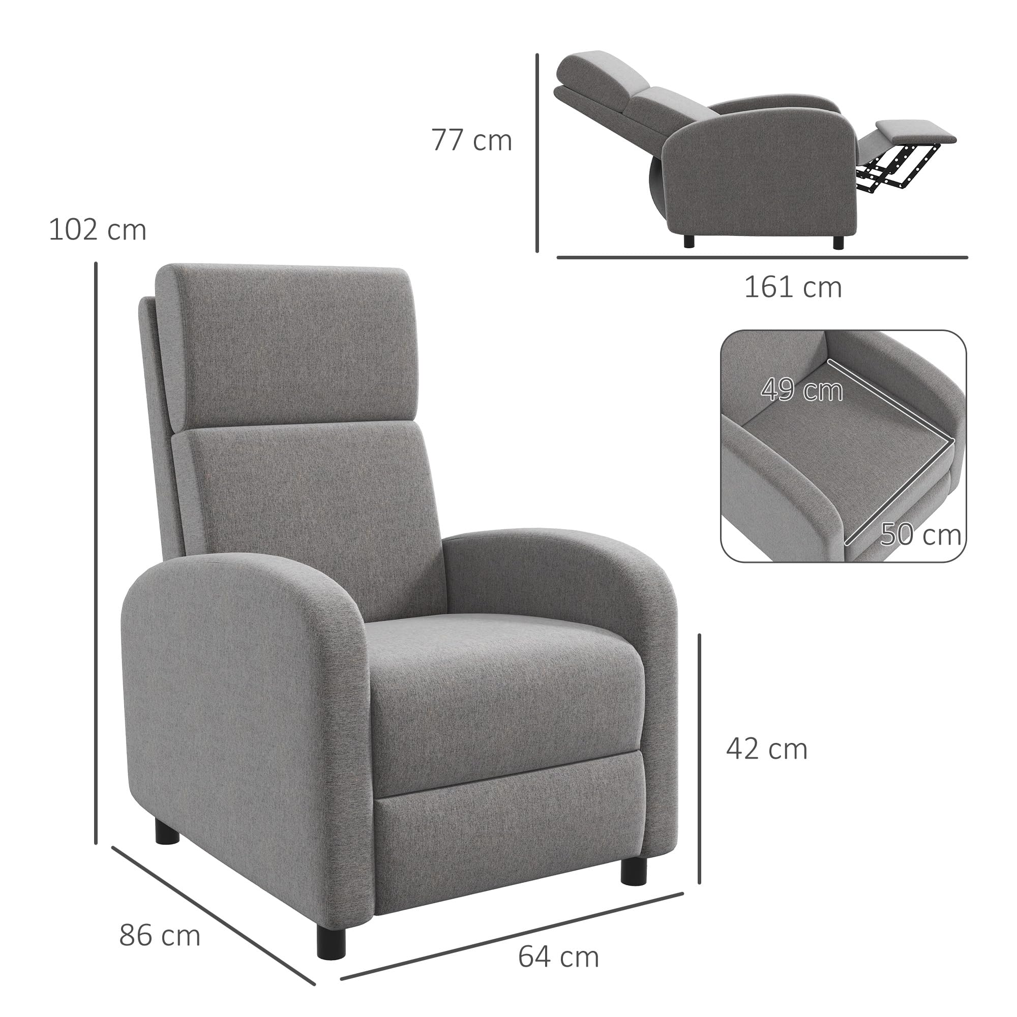 HOMCOM Fauteuil Relax Fauteuil de Relaxation inclinable Salon avec Dossier réglable jusqu'à 160° manuellement, Repose-Pieds intégré pour Salon Chambre Bureau Home cinéma, Charge 120 kg, Gris