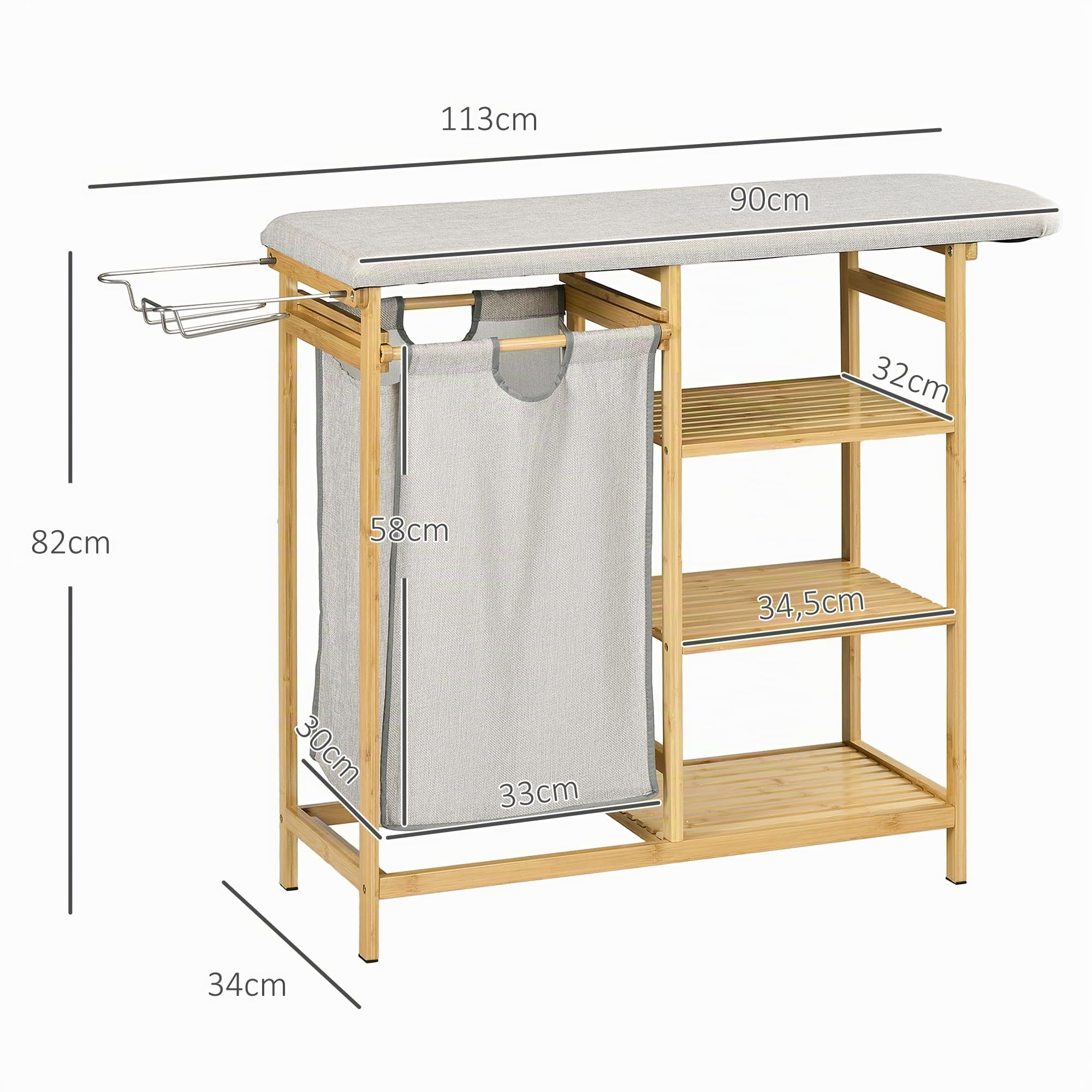 HOMCOM Cesto de Ropa Sucia 57,4L con Tabla de Planchar 113x34x82 cm Natural | Cesta Ropa Sucia de Bambú, Soporte para Plancha, 3 Estantes, Bolsa Extraíble, Estantería de Baño para Lavandería