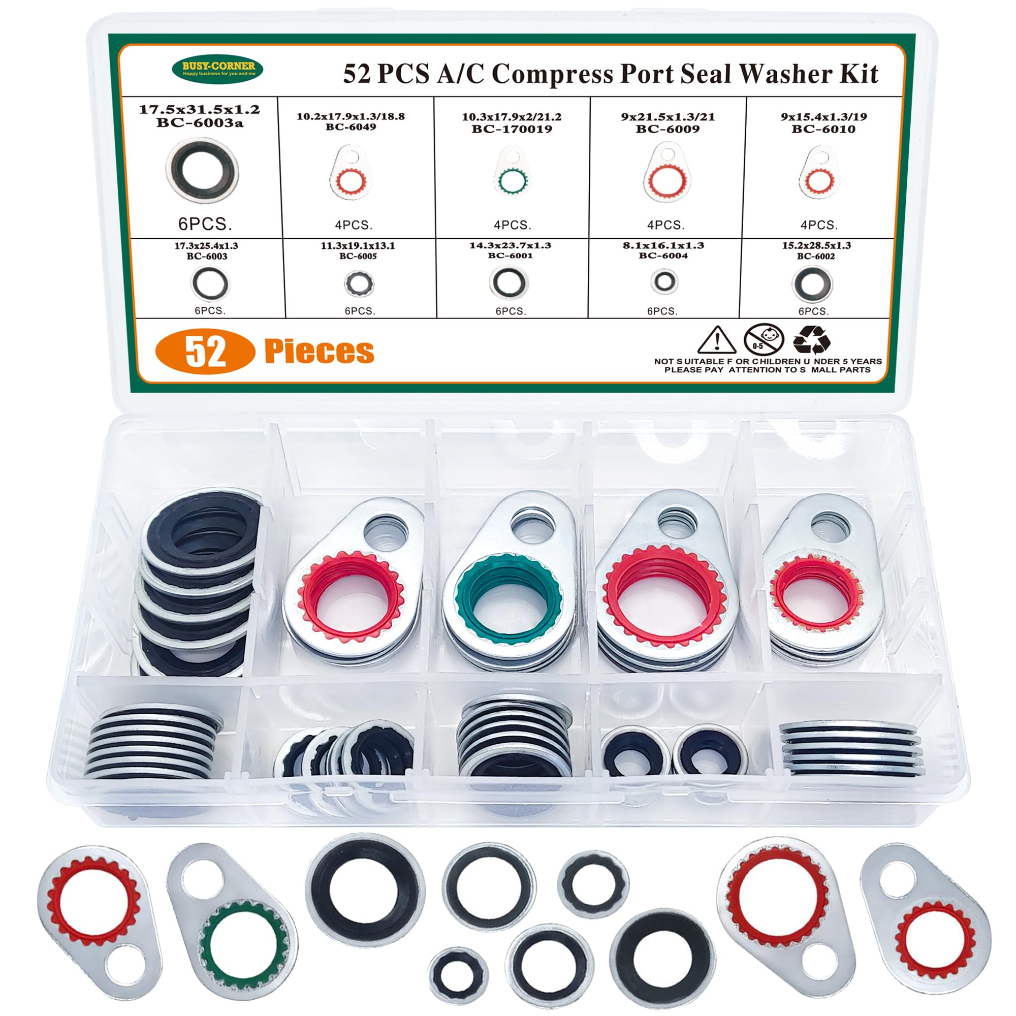 A/C System Compressor Gasket Seals Air Conditioning Compressor Port Seal Washer Kit (52 pcs)