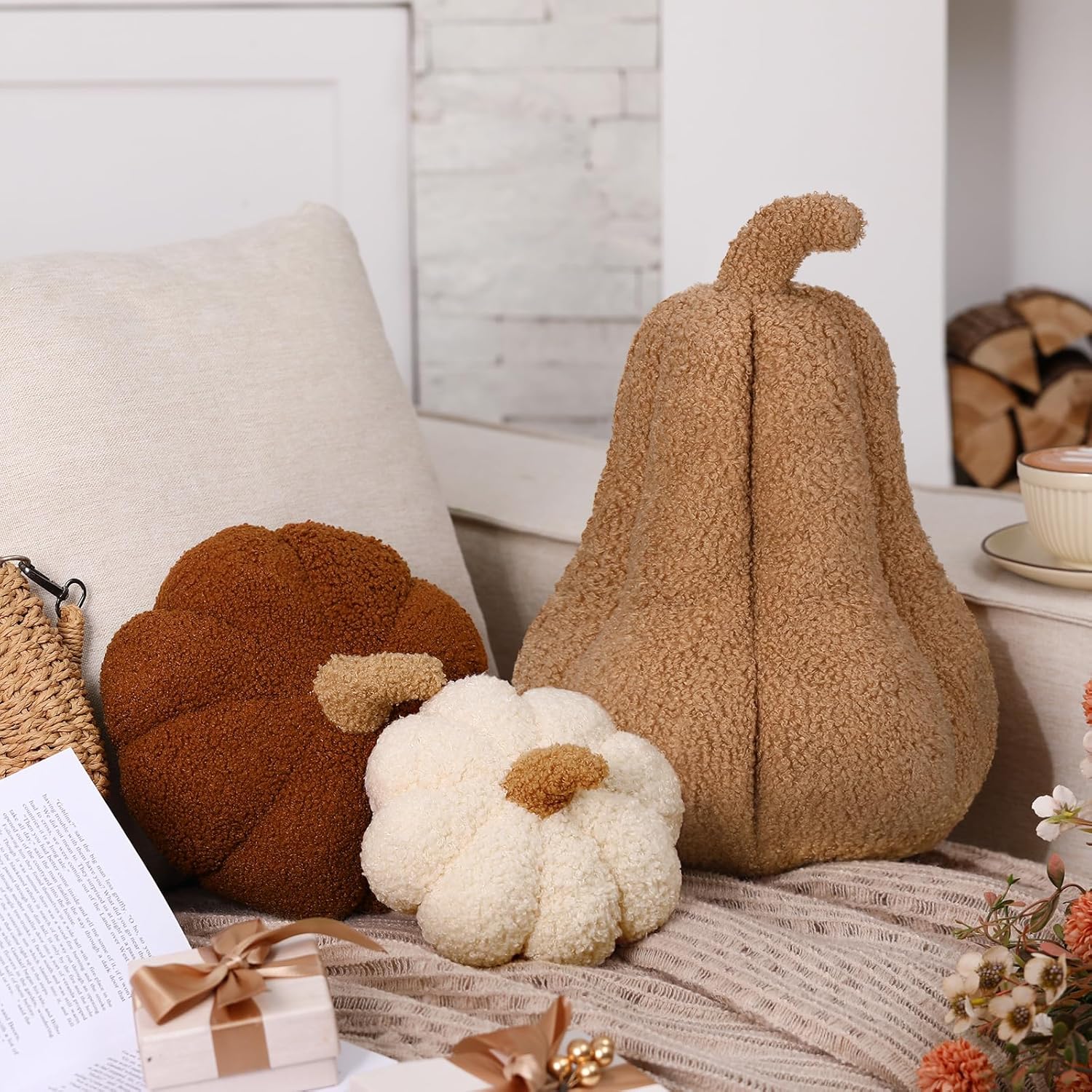 3 Pcs Fall Thanksgiving Pumpkin Pillows Sherpa Plush Stuffed Pumpkin Throw Pillows Soft Autumn Cushion Neutral Cozy Thanksgiving Decor for Home Bedroom Sofa Couch Living Room(Fashion Color)
