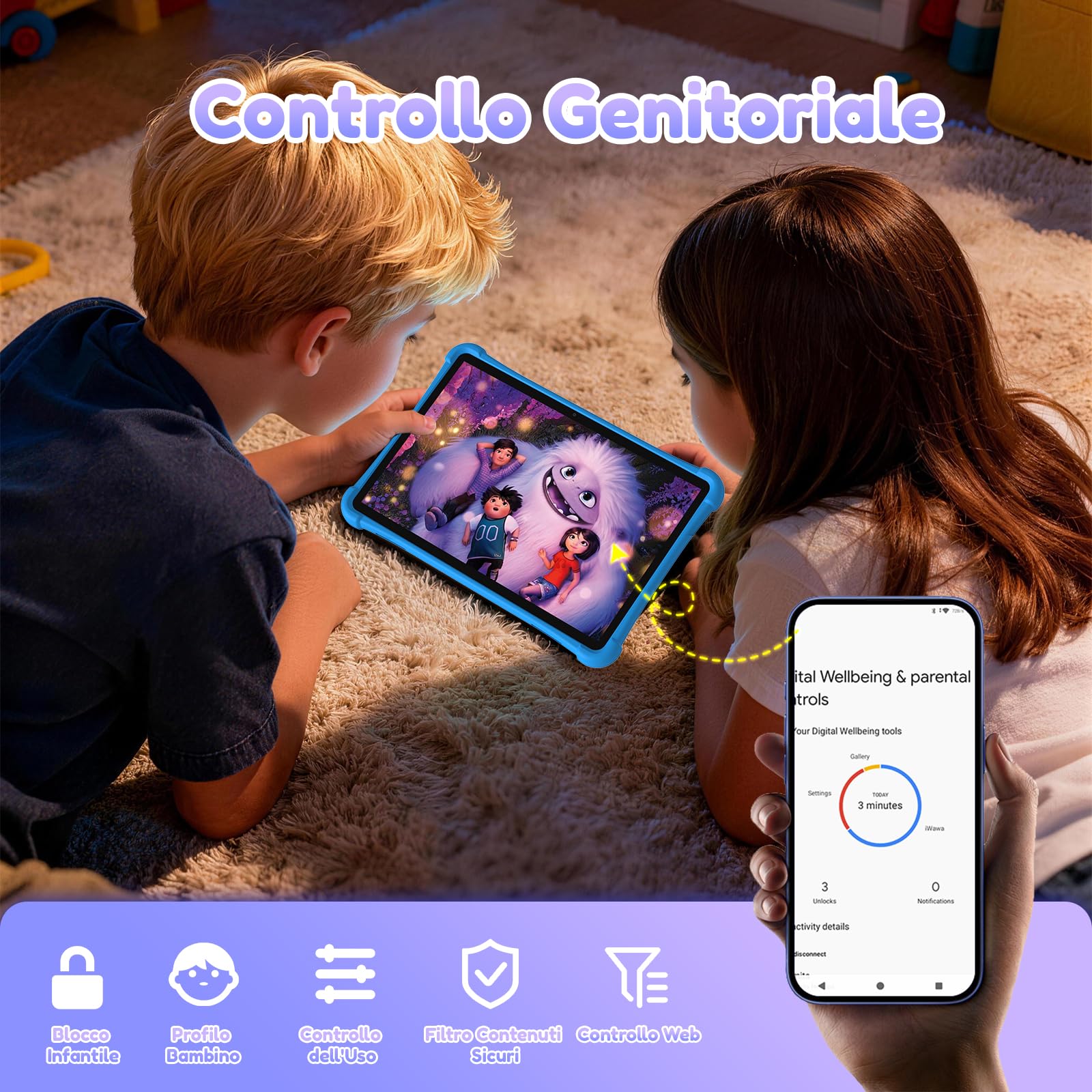 ALLDOCUBE iPlay 70 SE Tablet per Bambini 10 Pollici, Controllo Parentale iWAWA, 4G LTE Android 15, 7GB RAM+64GB ROM (TF 512GB), Batteria 5500mAh, 5G Wi-Fi, BT 5.0, GPS, Custodia Eva Inclusa - Blu