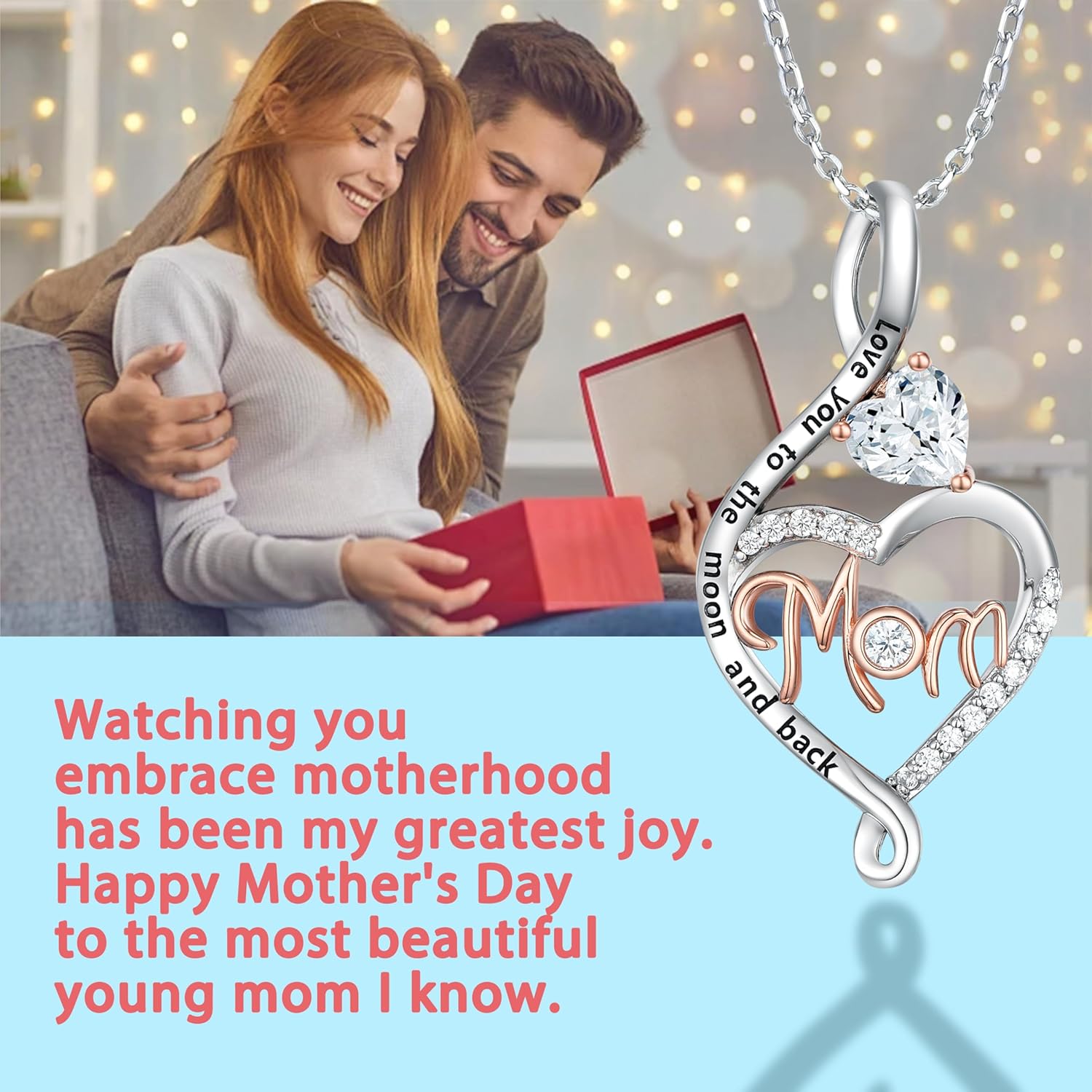 925 sterling silver mom heart necklace, love you to the moon and back jewelry gift, mothers day necklace for women, available in 5 colors