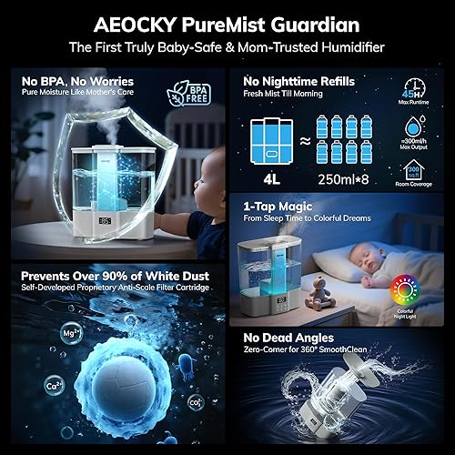 Miniatura 5 de Geek-Level Aeocky Humidificador para bebé, humidificadores ultrasónicos silenciosos para dormitorio, guardería con humidistato, luz ambiental,