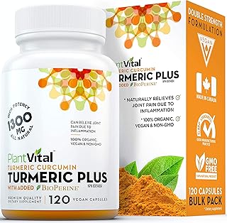 PlantVital Turmeric Curcumin Capsules with Bioperine 1300mg Turmeric Supplements with Black Pepper to Relieve Joint Pain Gluten and GMO-Free Curcumin Supplements with Black Pepper -120 Count