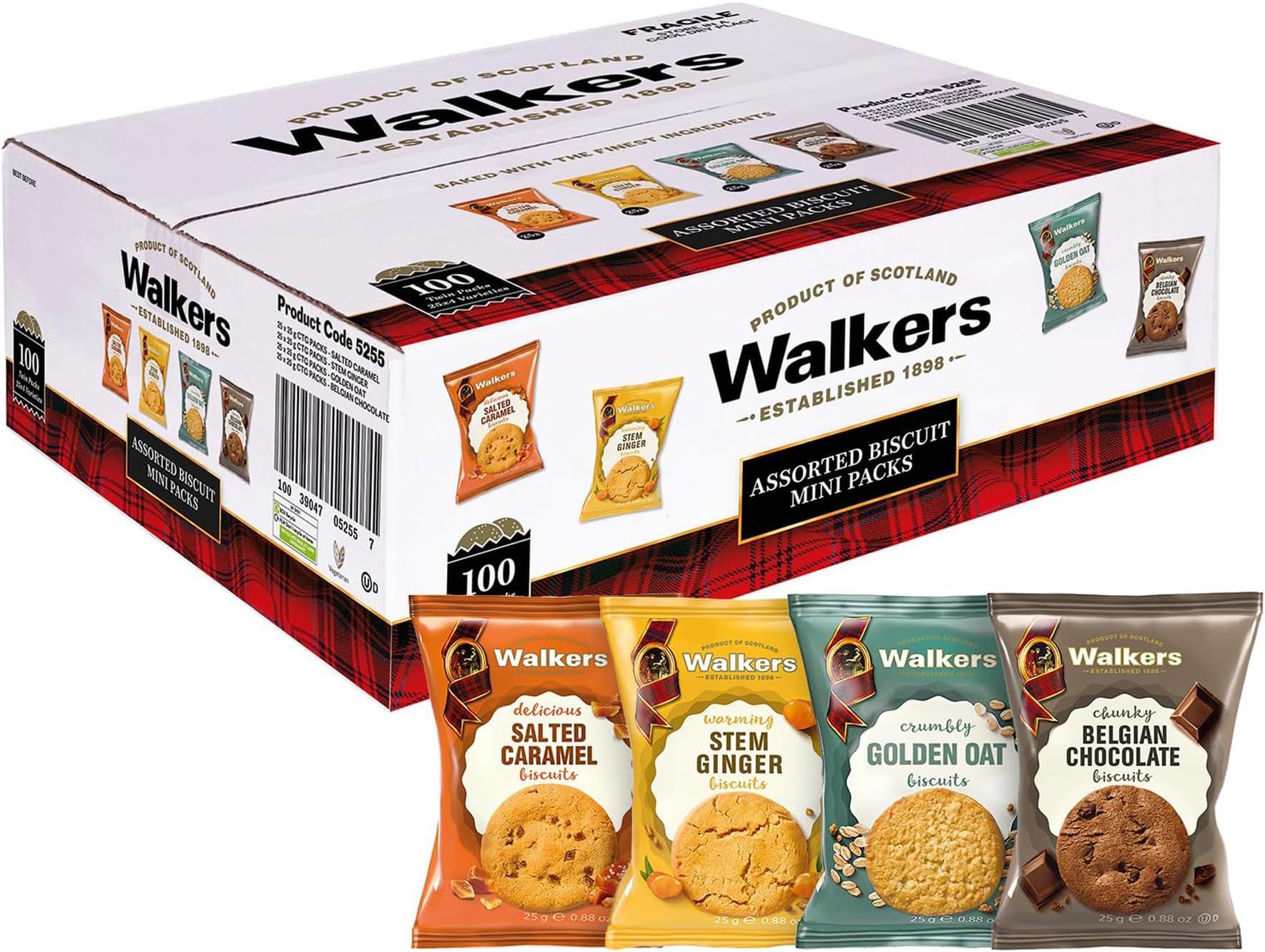 Shortbread Twin Pack Assorted Biscuits โ Multipack with Golden Oat, Belgian Chocolate, Salted Caramel & Ginger, Traditional Scottish Recipe, 25g (100 x Twin Pack)
