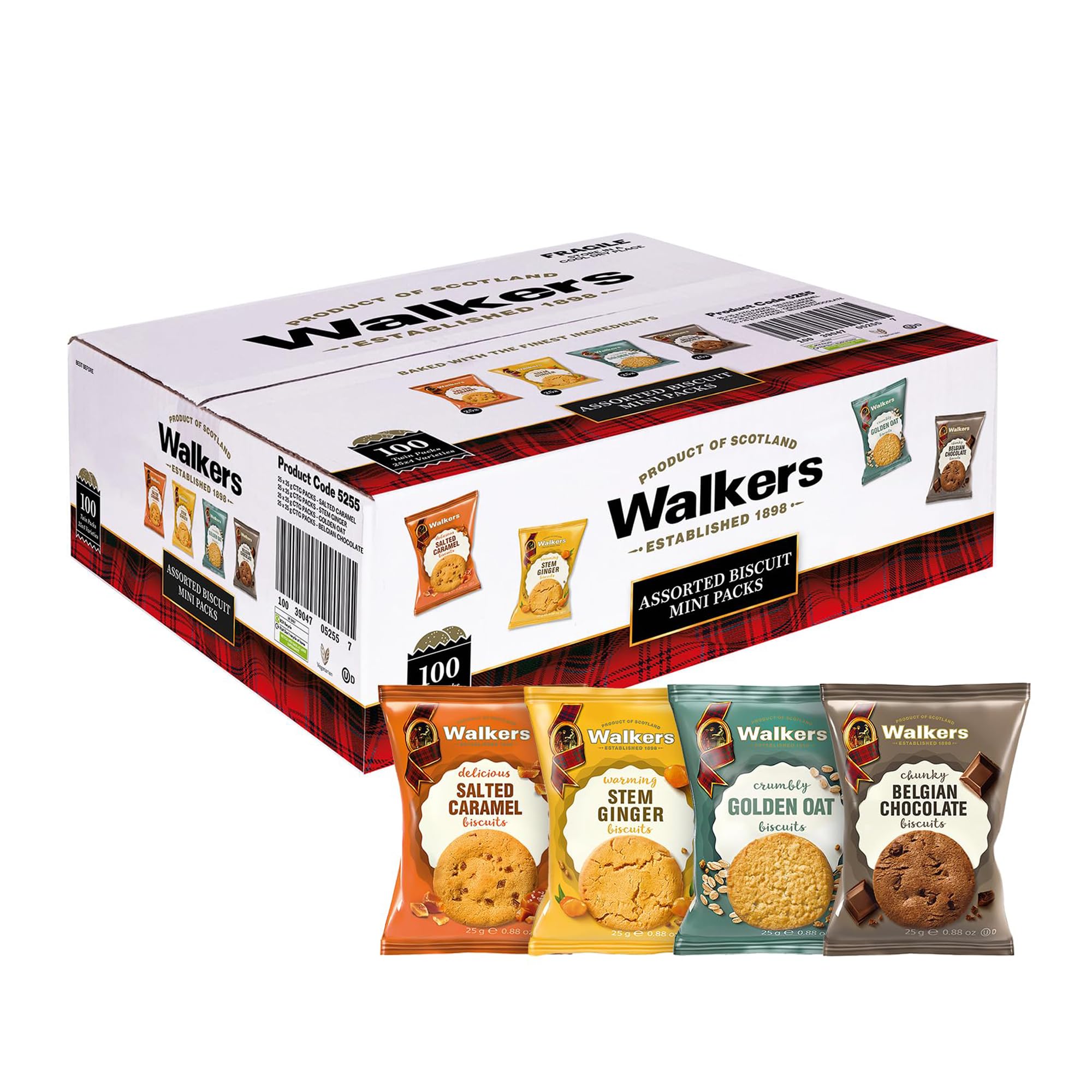 Walker’s Assorted Scottish Cookie Variety Pack - 100 Snack Packs (2 Cookies Each) - Includes Belgian Chocolate, Stem Ginger, Salted Caramel & Golden Oat Cookies
