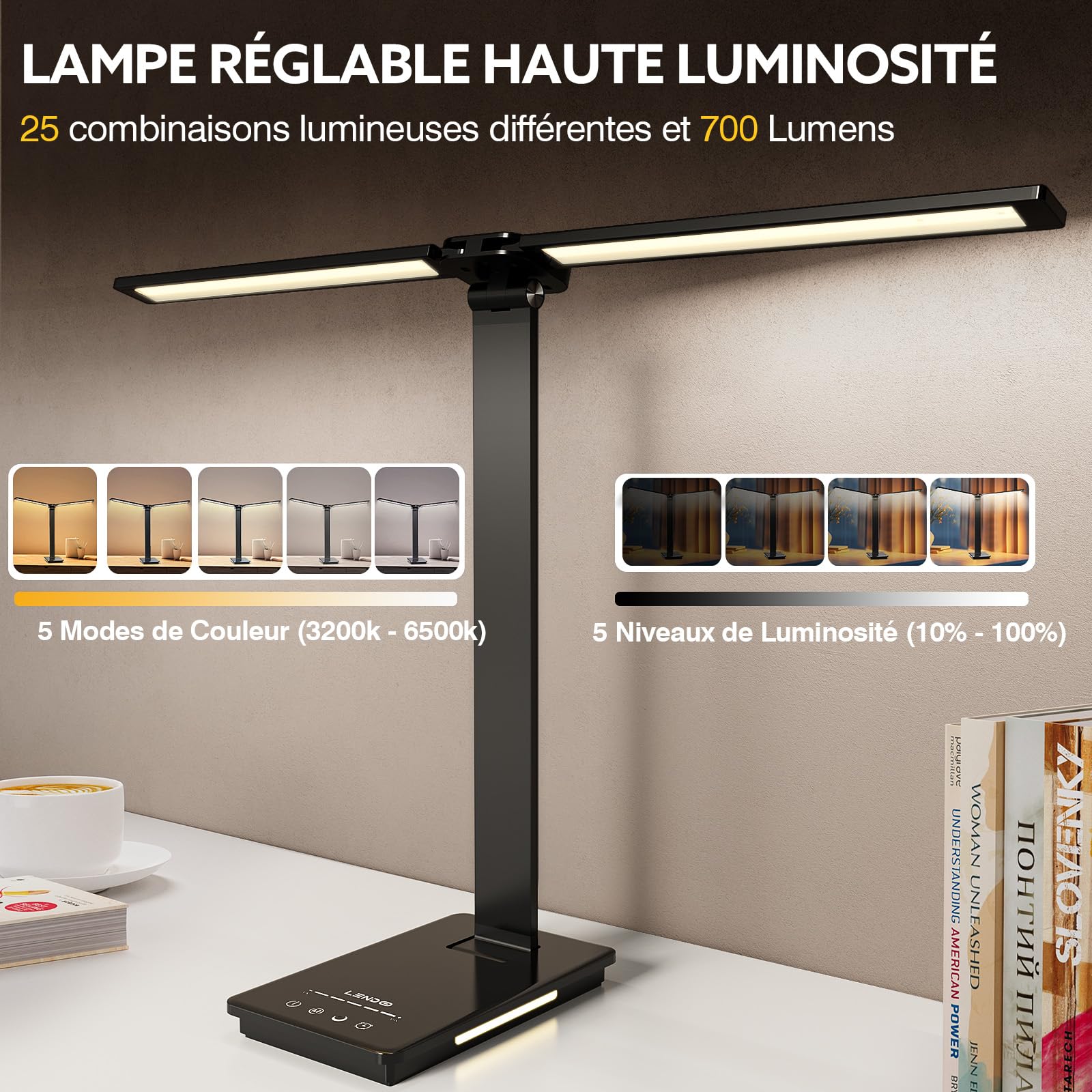 LENDOO Lampe De Bureau LED Pliable Rechargeable - 5 Modes Couleur, 5 Niveaux Luminosité, Double Tête, Batterie 2000mAh + Ports USB