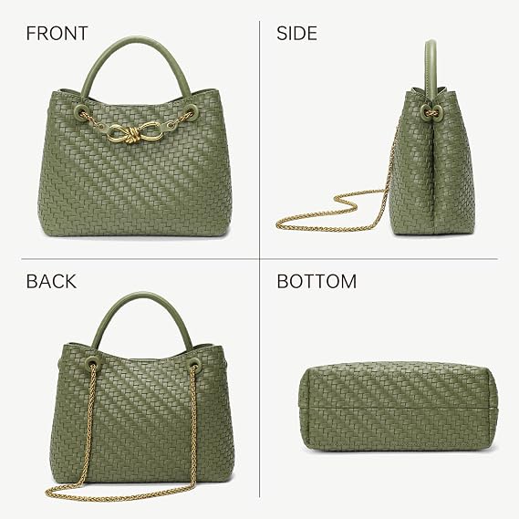 Small Woven Leather Bag Tote Shoulder Handbag Top Handle Purses with Adjustable Straps