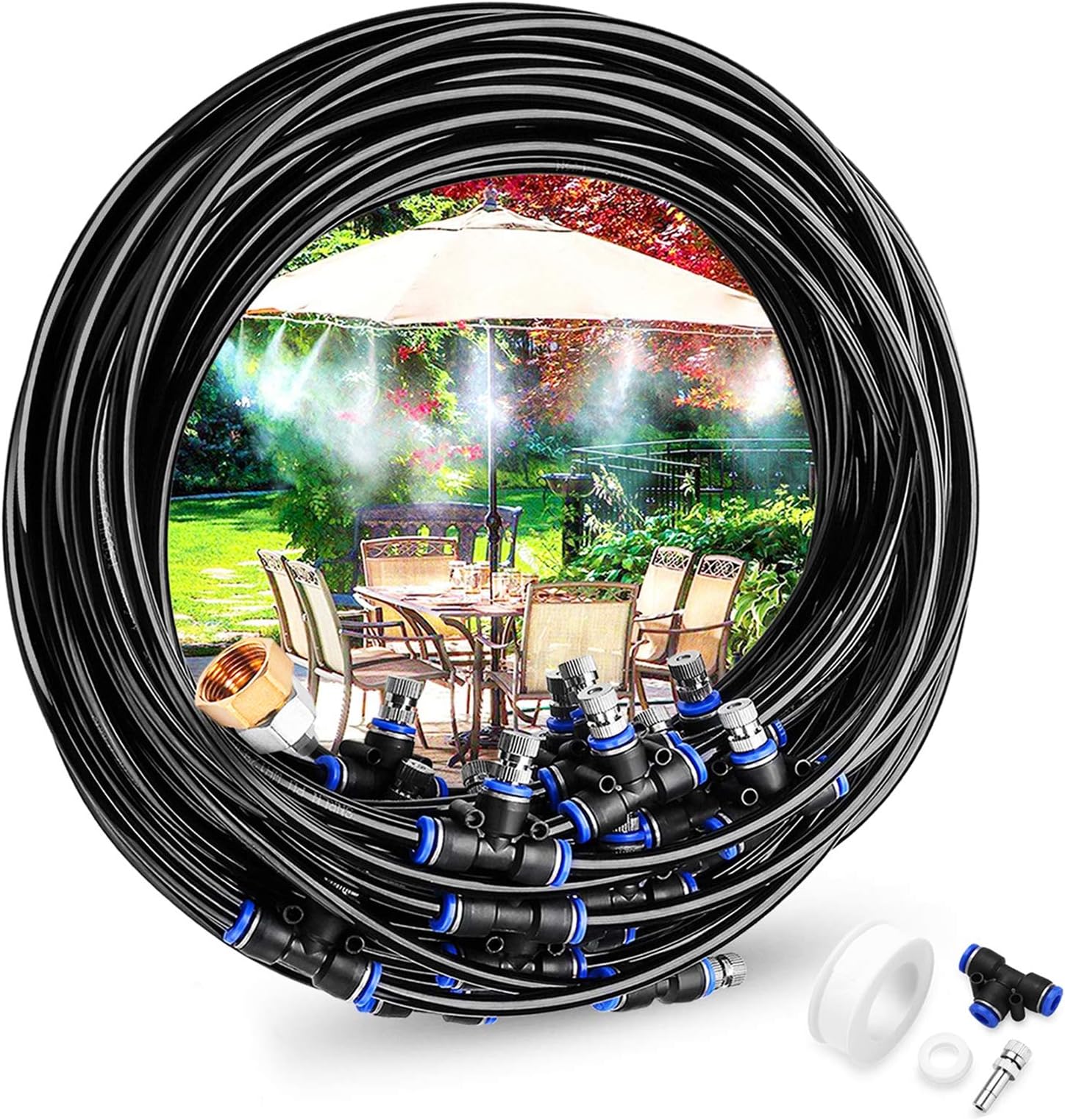 Gesentur Irrigation System, Misting Cooling System Kit- 75.46ft（23M）Misting Line + 30 Metal Mist Nozzles + a Brass Adapter(3/4) for Outdoor Patio Garden Watering Reptile Mosquito Prevent