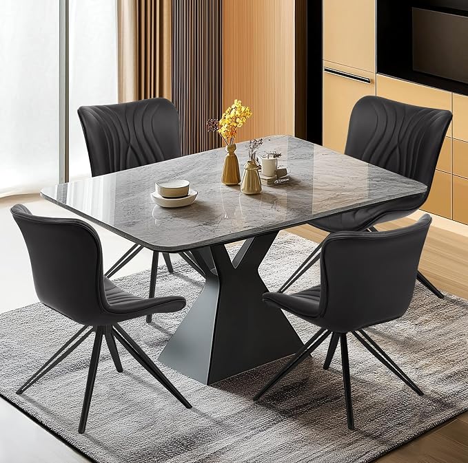Dining Chairs Set of 2, 360° Swivel Upholstered Mid-Century Modern Kitchen Dining Room Chairs, Armless Faux Leather Accent Side Chair with Padded Back, Metal Legs for Living Room Bedrooms,Black