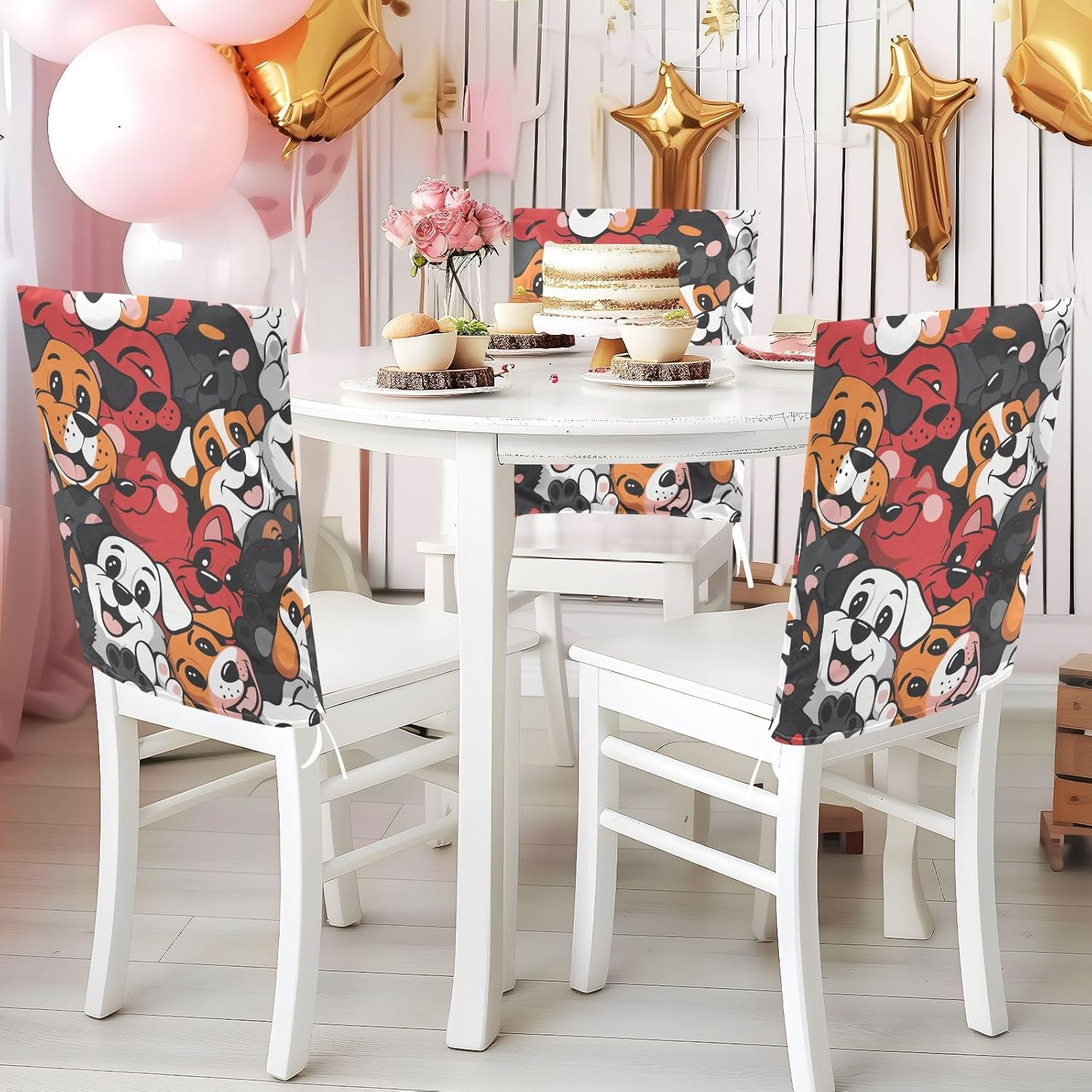 ALAZA Cute Funny Dogs Chair Back Cover Set of 6, Washable Reusable Removable Chair Slipcovers Decorative Chair Cover for Home Kitchen Wedding Party