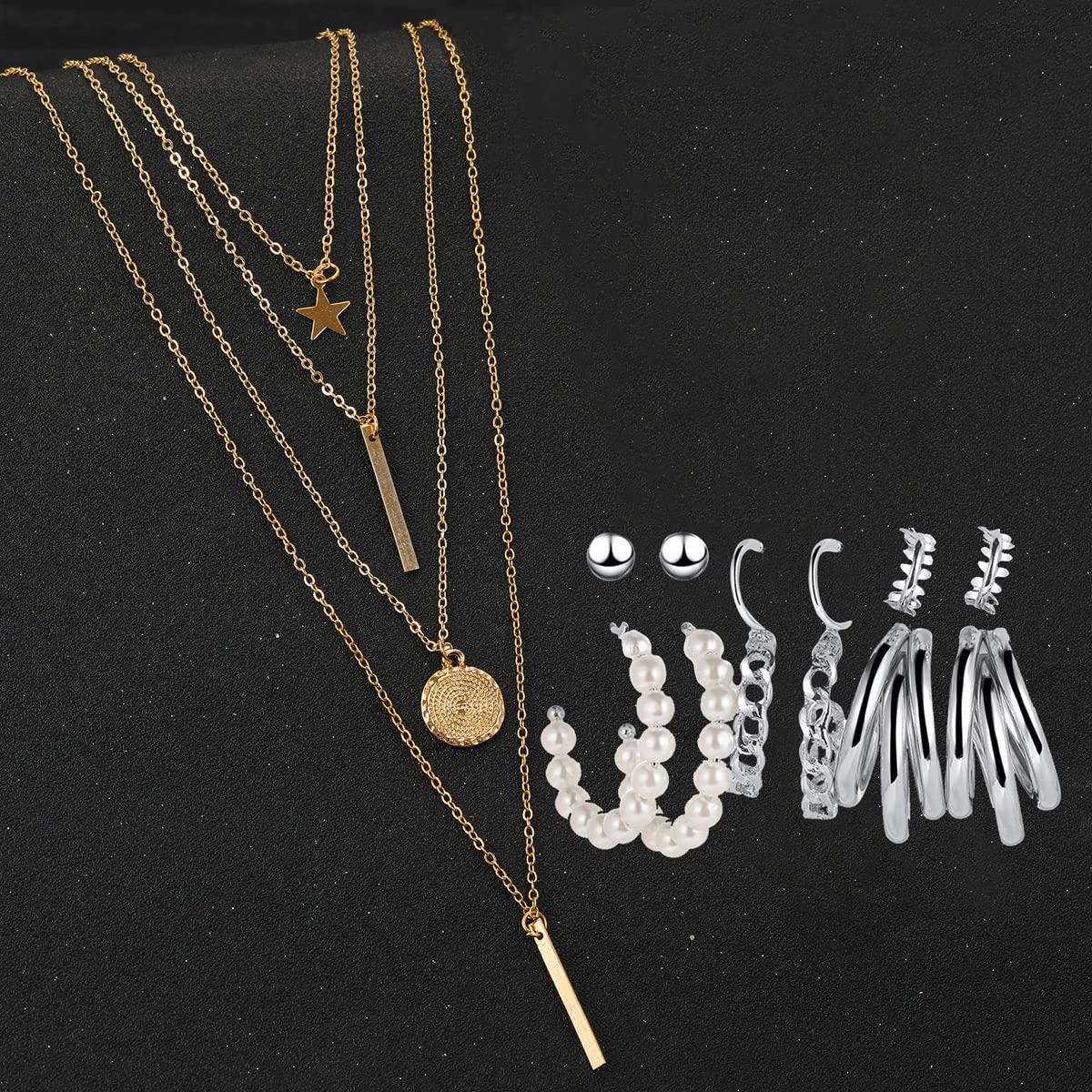 Layered Necklace & Studs/Hoop Earrings Set