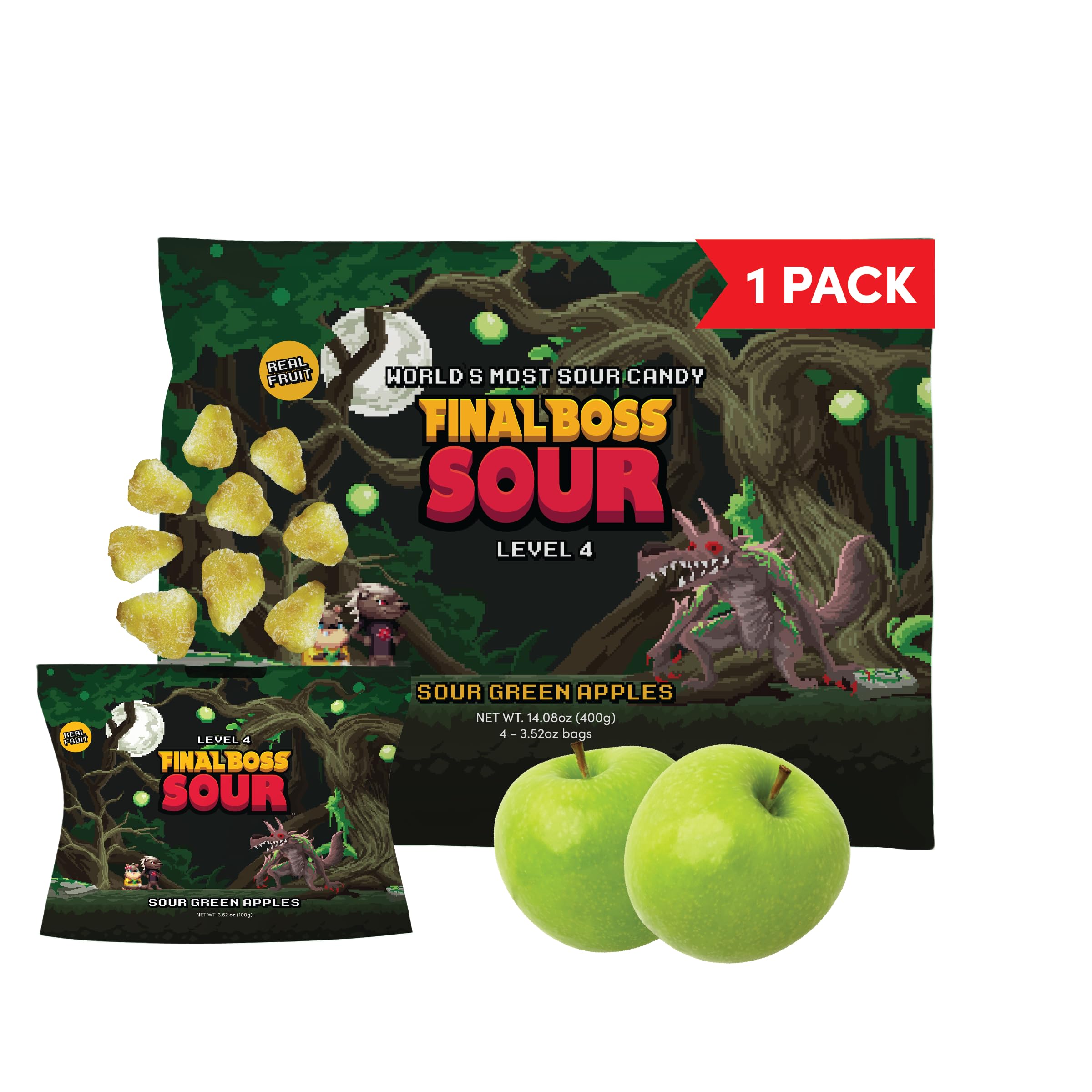 Final Boss Holiday Sour Candy, Green Apple, 1 Pack, Level 4, Extreme Sour Fruit Chews with Real Dried Fruit, No Artificial Colors or Flavors, Low Calorie Snack for Kids, Teens, Adults, Lunch Boxes