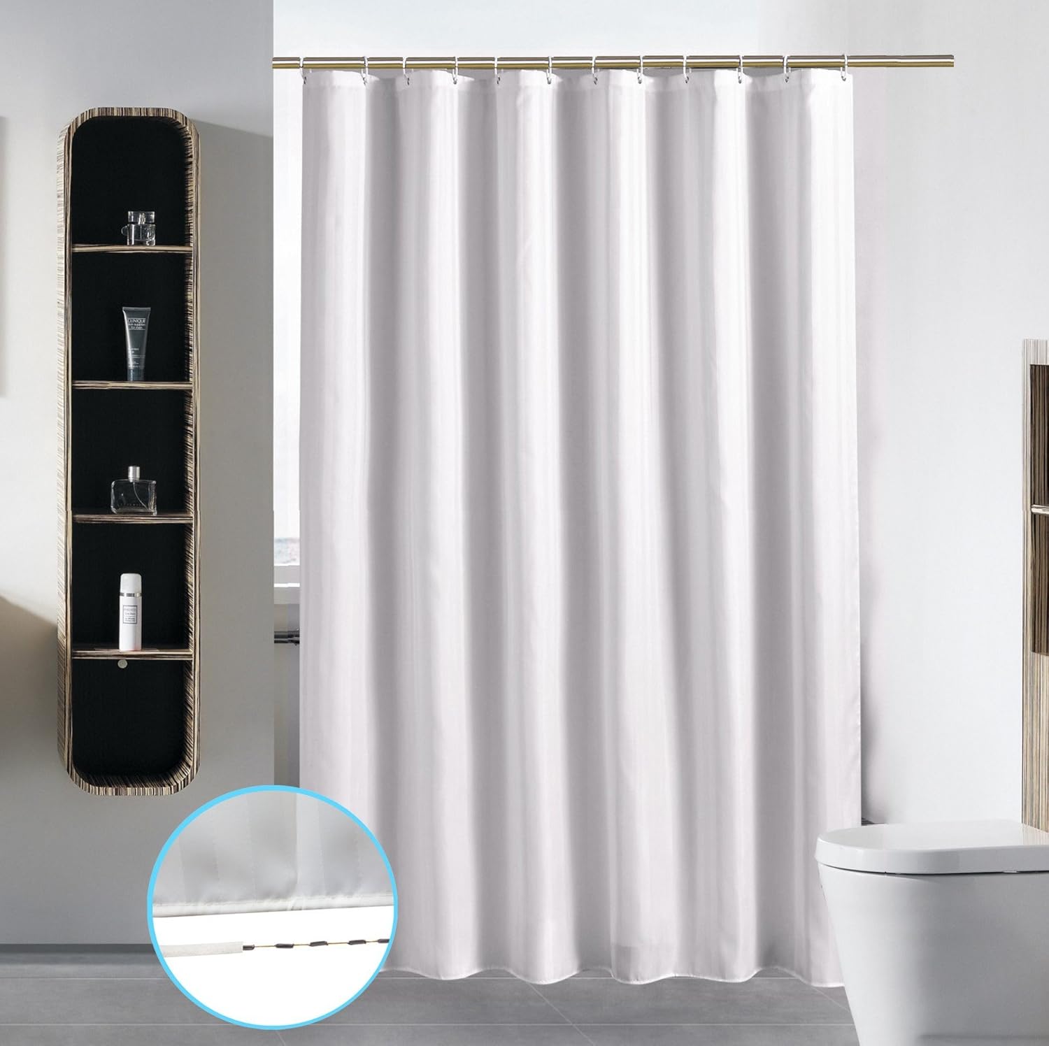 S·Lattye Extra Long Washable Shower Curtain Liner Bathroom Waterproof Fabric Cloth Polyester (Best Hotel Quality Friendly Damask Stripe) with Curved Plastic Hooks Set - 72 x 84, White