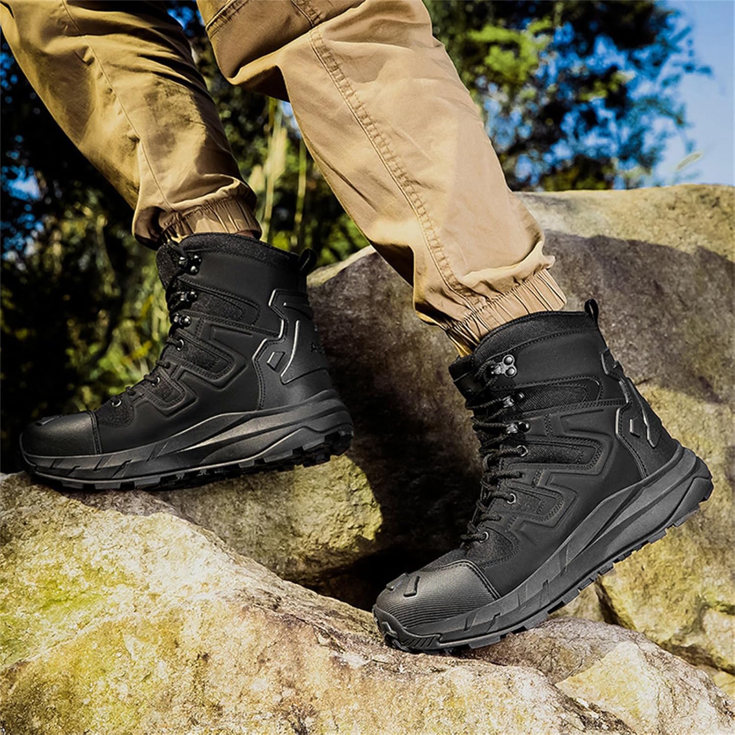 Men's Leather Mesh Lace Up Mid Top Military Tactical Boots Non Slip Rubber Outsole Lightweight Rounded Toe for Outdoor Activities Including Hiking Hunting Training Work Backpacking