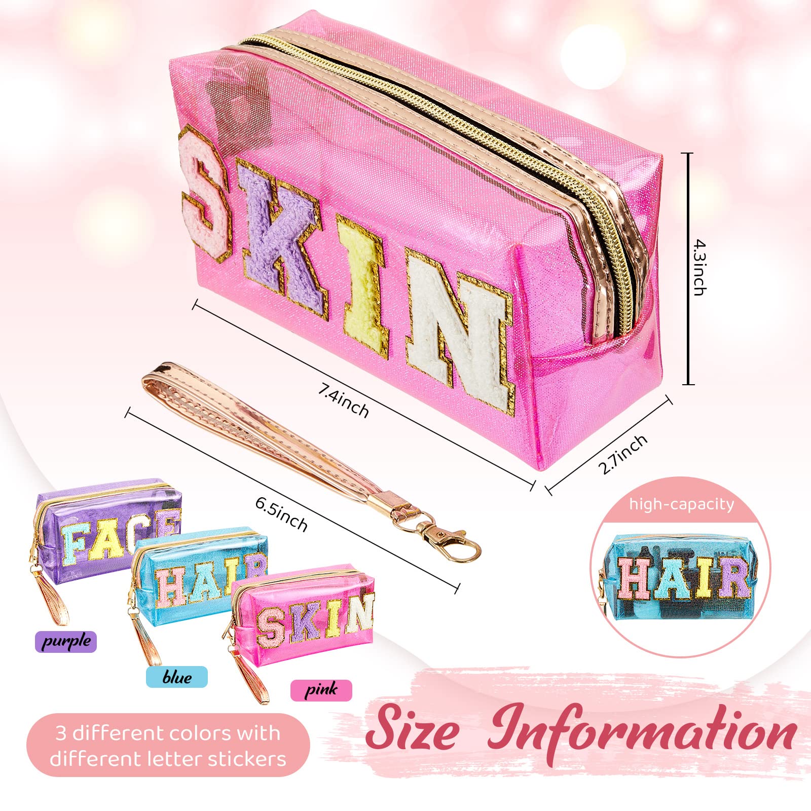 Amylove 3 Pcs Summer Preppy Makeup Bag Stuff Clear Cosmetic Preppy Bags Portable Cosmetic Summer Accessories for Teen Girls Women Gift Travel(Skin, Face, Hair)