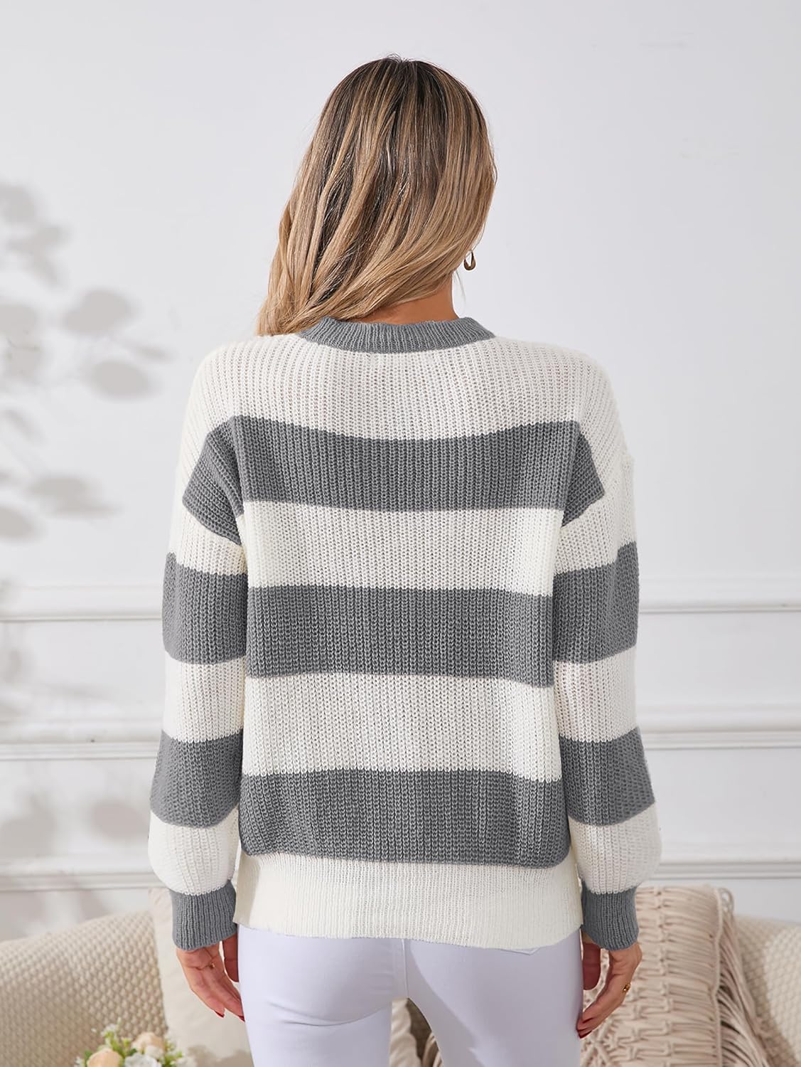 SunnyMelody Womens Cute Color Block Striped Sweater Fall 2025 Pullover Knit Tops - Ribbed Crew Neck, Lightweight, Loose Fit - Image 3