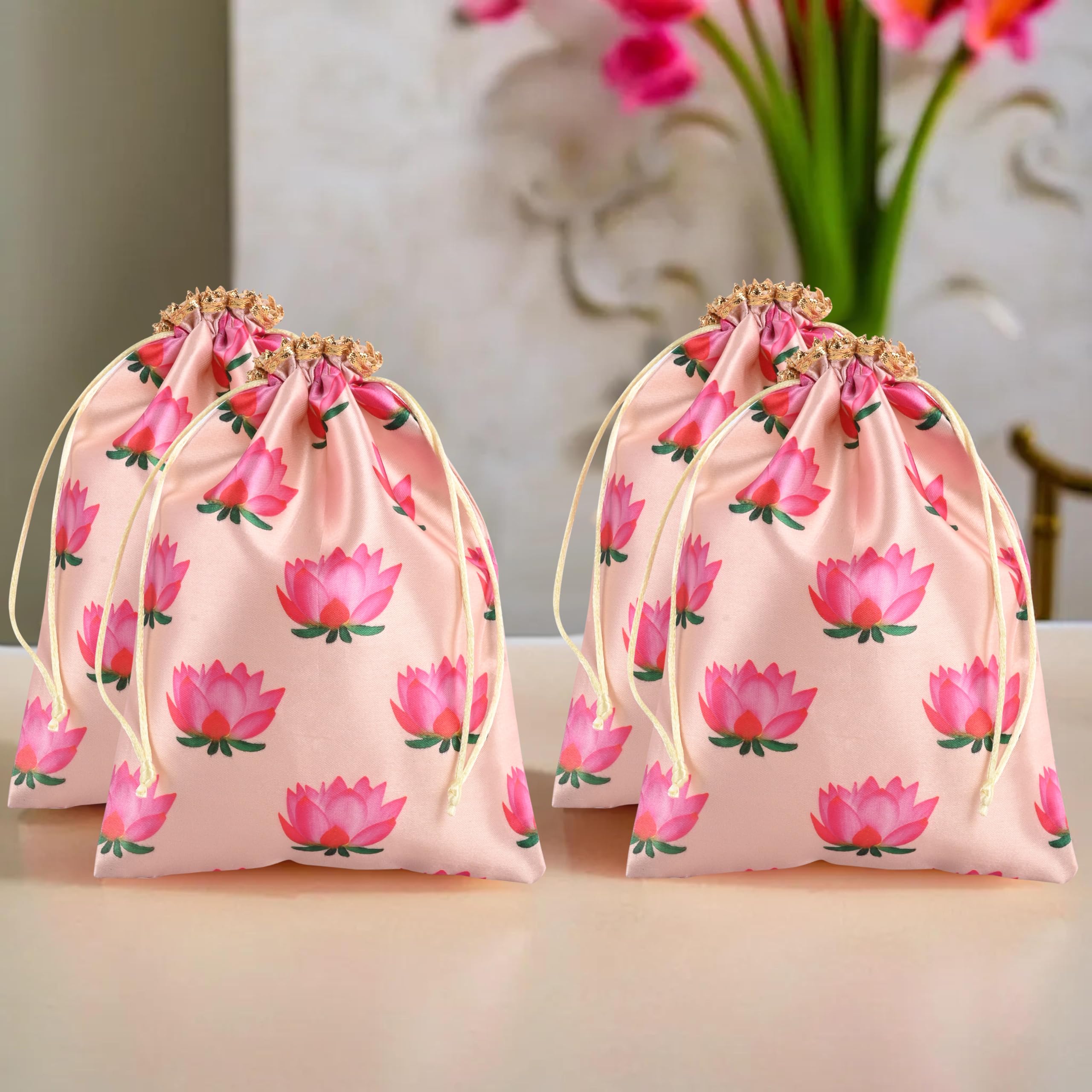 Kuber Industries Pack of 4 Potli Bags | 7x9 Inch | Potli Bags for Return Gifts | Wedding-Party Bags | Drawstring Closure Potli | Wallet Potli | Baby Shower Potli | Lotus Print | Cream