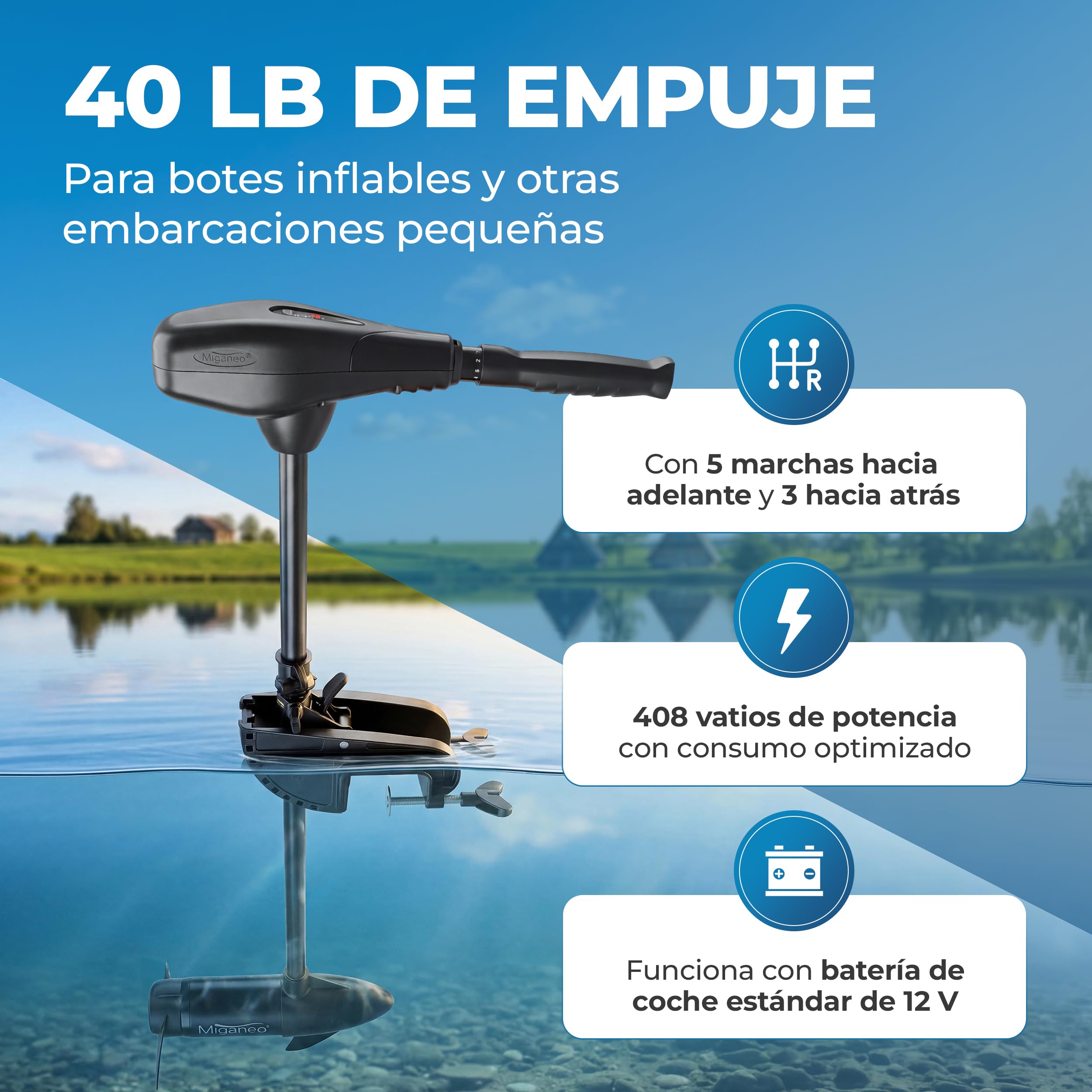 Miganeo aussenb Order Electric Engine 40 Lbs ji-1294 kg de fuerza propulsora) 408 W con indicador LED de batería de 12 V 18,1 KP salzwassertauglich...