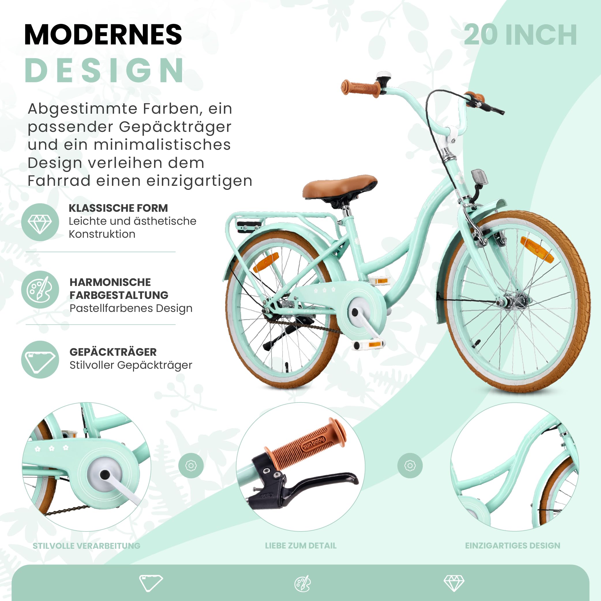 sun baby Flower Bike Retro Mädchenfahrrad - Kinderfahrrad mit Stahlrahmen, V-Bremsen, Schutzbleche, Kettenschutz, Scheinwerfer, Klingel, höhenverstellbar