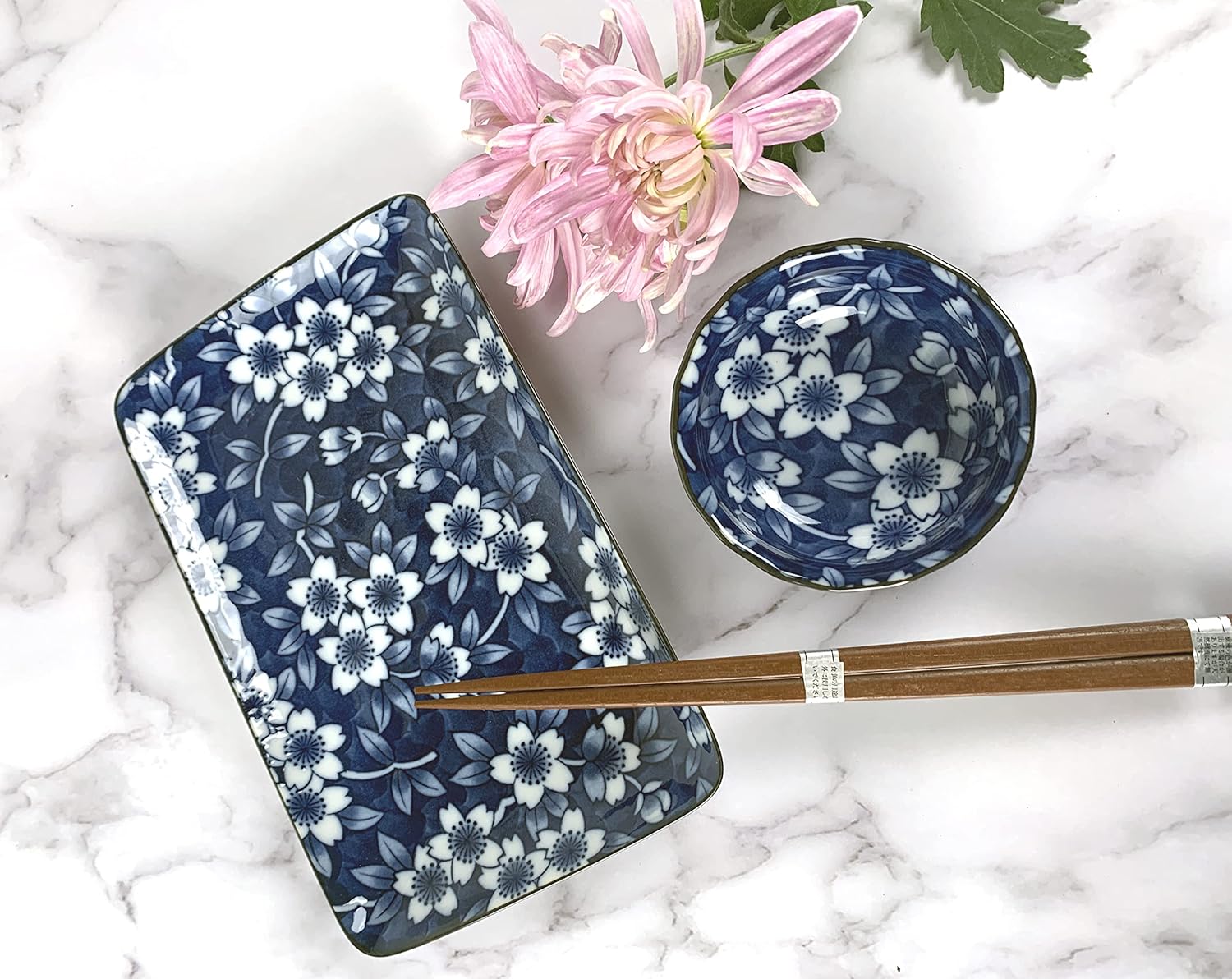 JapanBargain 4687, Japanese Sushi Set Porcelain Sushi Plates Soy Sauce Dipping Bowls and Chopsticks Gift Set, Navy Blue Sakura, Made in Japan