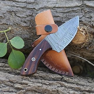 Hunting Knife with Leather Sheath 6-inches Full-tang Fixed Blade Tactical Handmade Damascus Knife, Ideal for Skinning, Outdoor Camping, Hiking, Hunting - Rosewood Handle EDC Bushcraft Knives, Brown - FH TRADERS