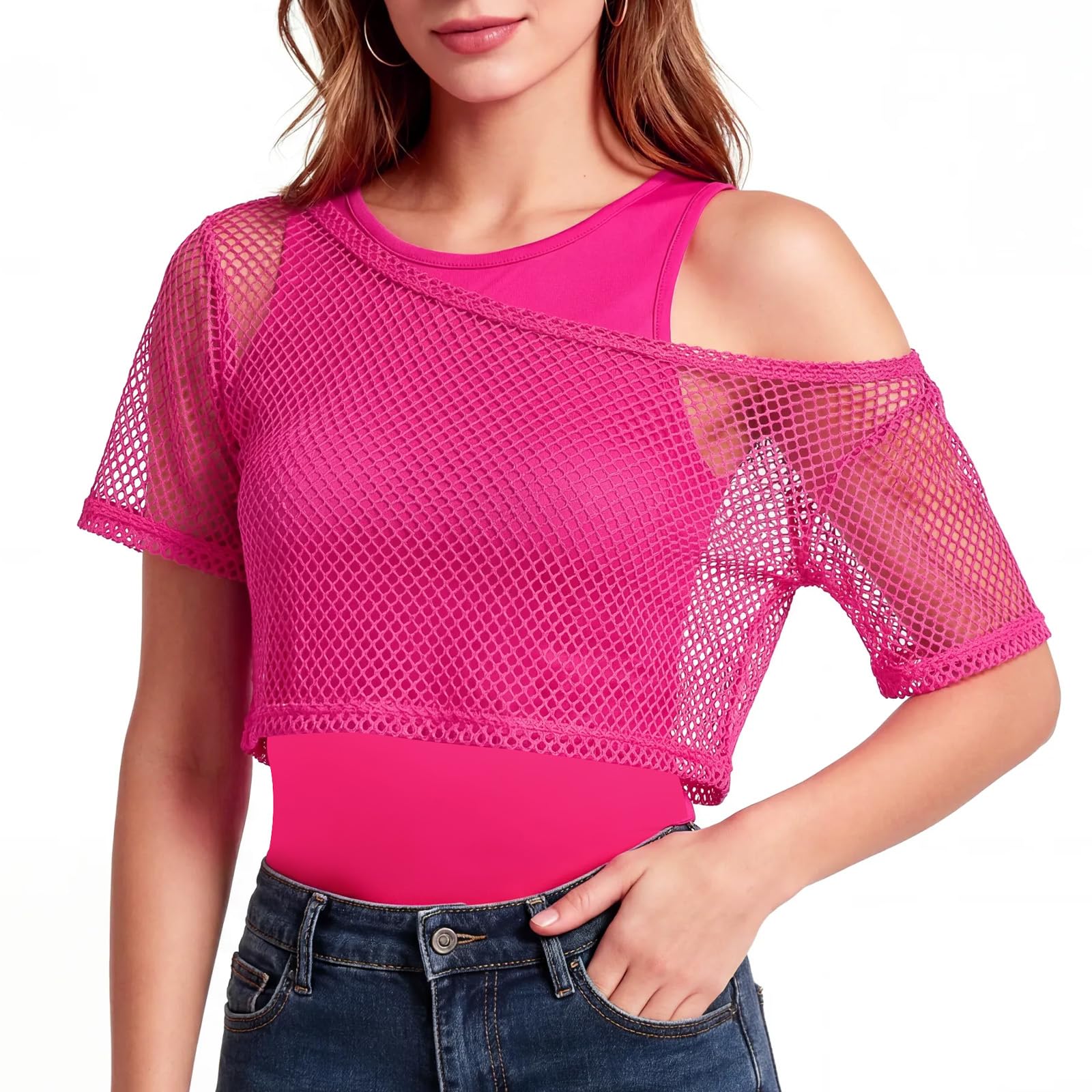 AYBUY 80s Fancy Dress for Women, 1980s Retro Theme Party Costume Include 80s Fancy Fishnet Top and Tank Top Off The Shoulder T-Shirt, Neon Pink Outfit Set for Disco Party Cosplay, XL