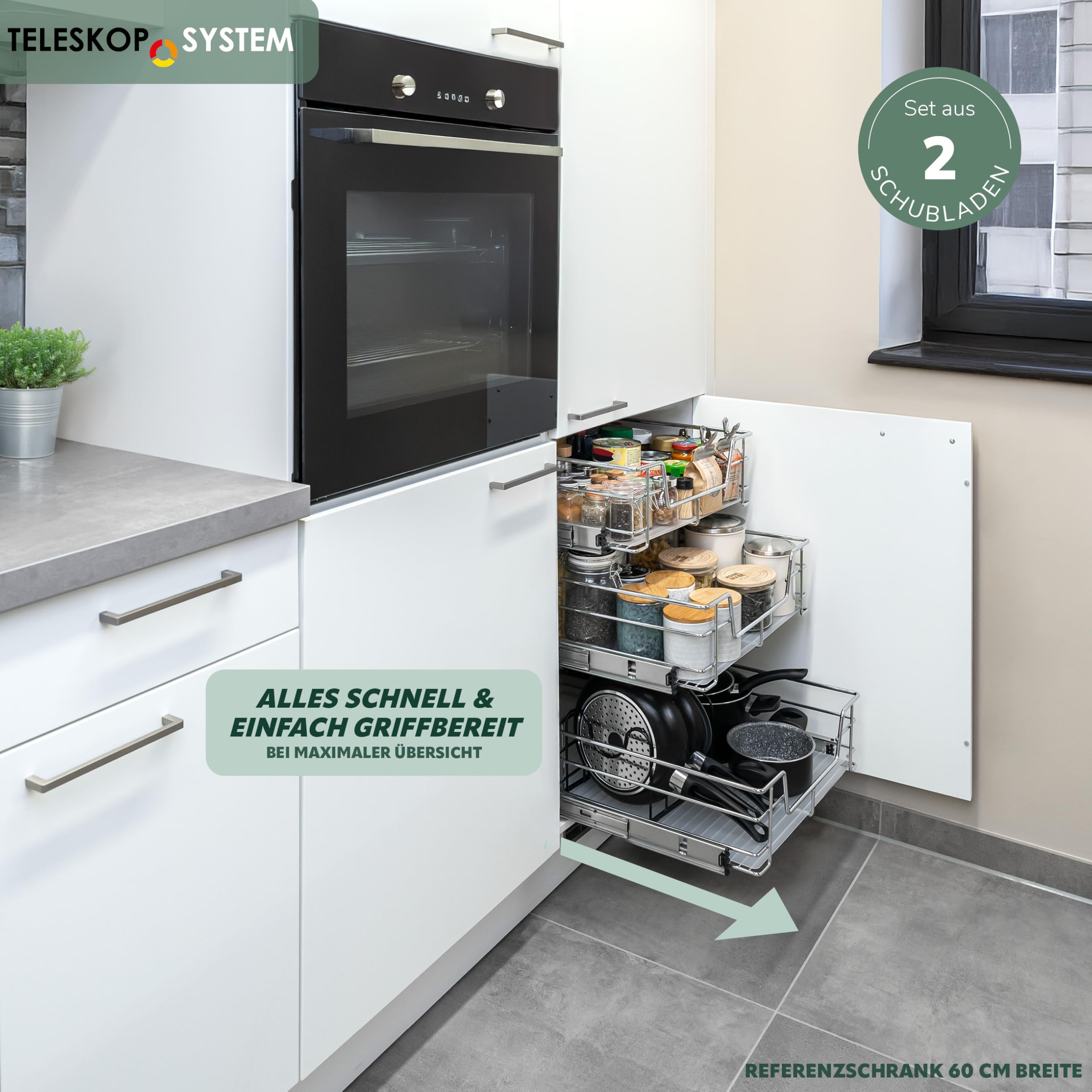 bremermann Teleskopschubladen 2er Set - 50 cm mit Einlegeboden, K�chenschublade zum Nachr�sten, Vollauszug mit Teleskop-Schienen, ideal f�r K�che, Bad & Schlafzimmer, aus Metall (Chrom)
