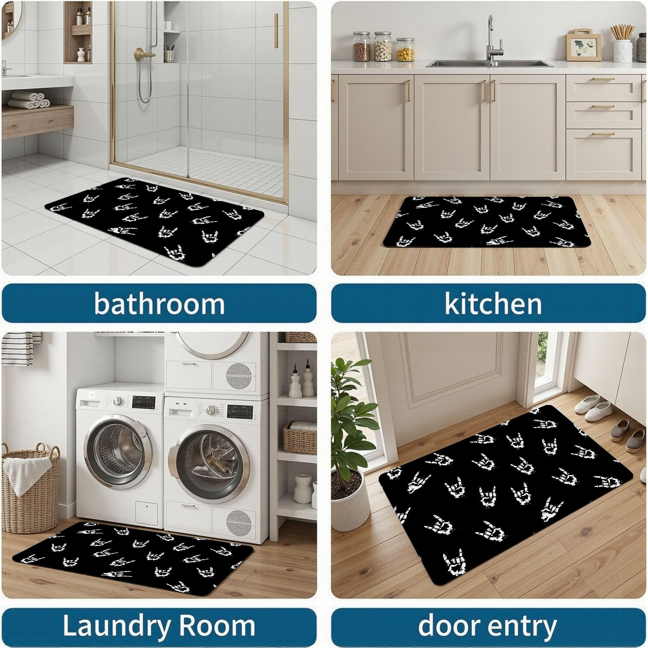 Tappetino da 80x120cm, Nero Strada Buia Pieghevole Sottile, Zerbino Lavabile Stampa Gesti Delle Mani Nella Musica Rock Teschi Antiscivolo, per Porta di Casa, Ingresso, Patio, Corridoio