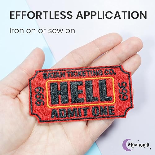 Miniatura 4 de Ticket to Hell Admit One Iron on Embroidered Patches - 3"Wx1.5"H Red/Black Funny Patches – Iron on or Sew On Patches for Clothes, Jacket, Jeans,