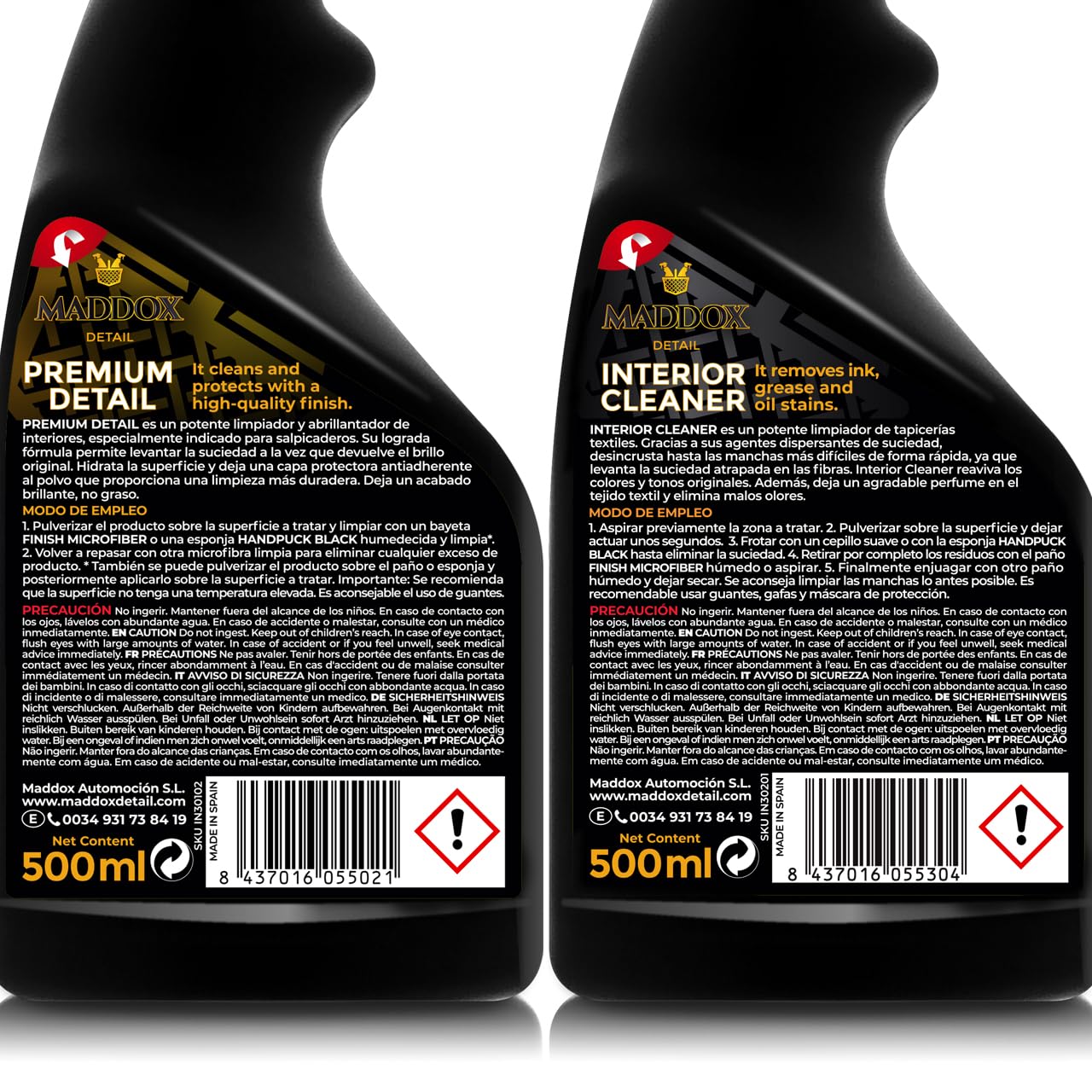 MADDOX DETAIL - Interior Care Kit 2x500ml | Nettoyant pour Tableaux de Bord avec Brillant | Nettoyage en Profondeur et Protection pour la Tapisserie | Kit Nettoyage Voiture de 2 Produits