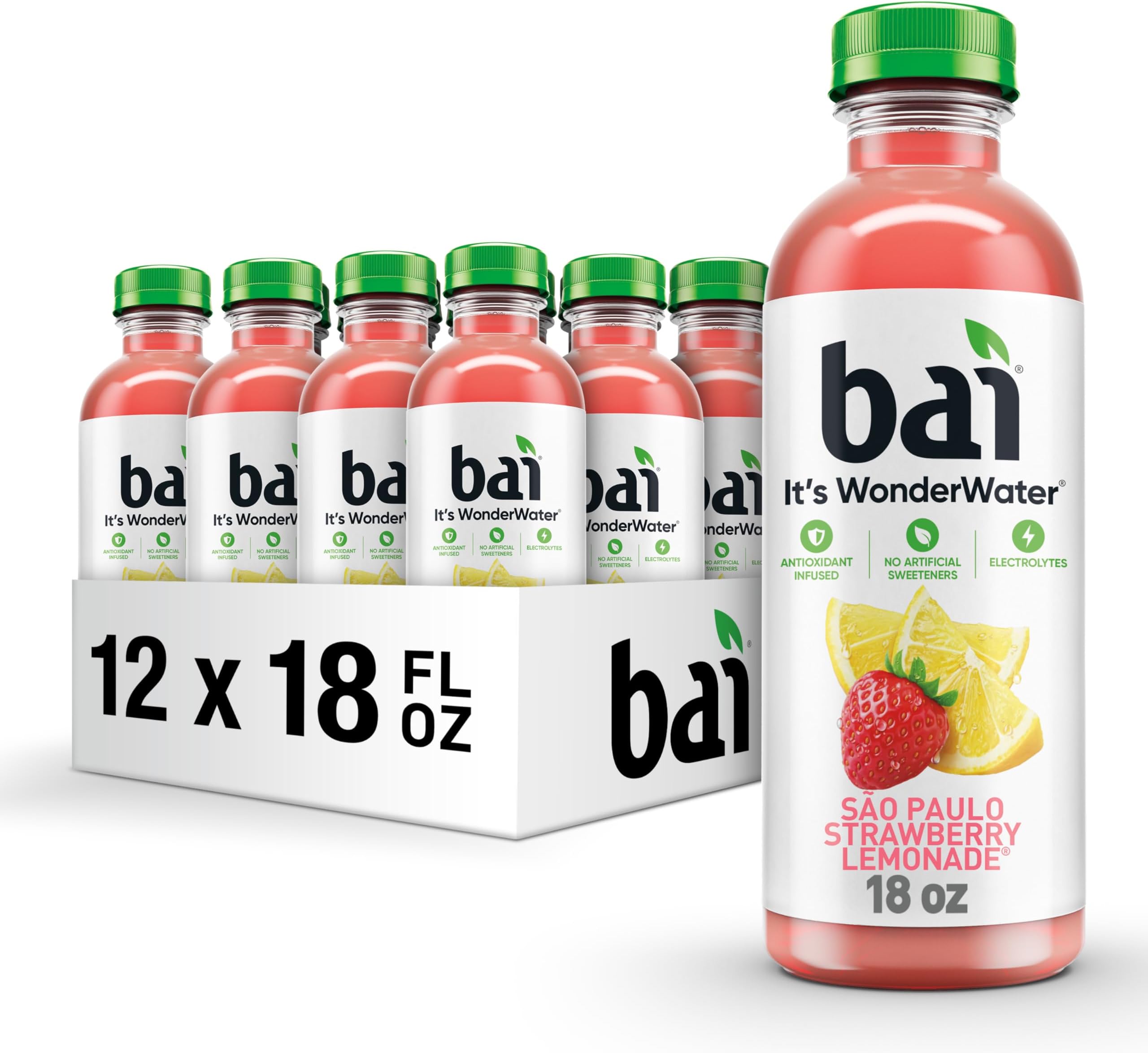 Bai Antioxidant Infused Water Beverage, São Paulo Strawberry Lemonade, with Vitamin C and No Artificial Sweeteners, 18 Fluid Ounce Bottle, 12 Pack