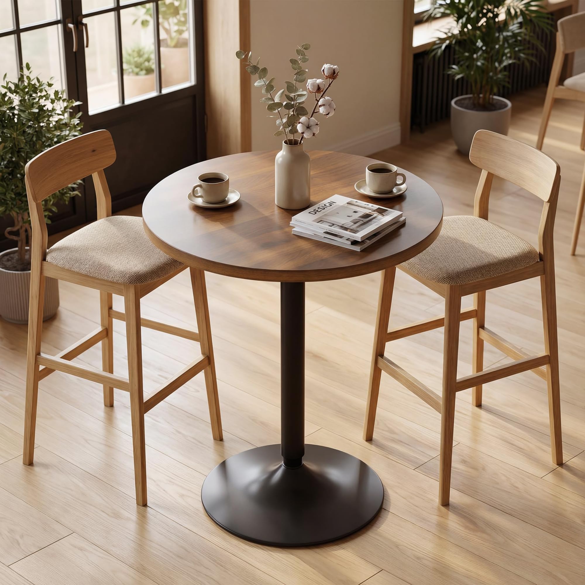 HOMCOM Table de Bar Ronde 60 cm, Table Haute Cuisine Mange-Debout avec Patins antidérapants, Cadre en métal, pour Cuisine, Salon, Noyer