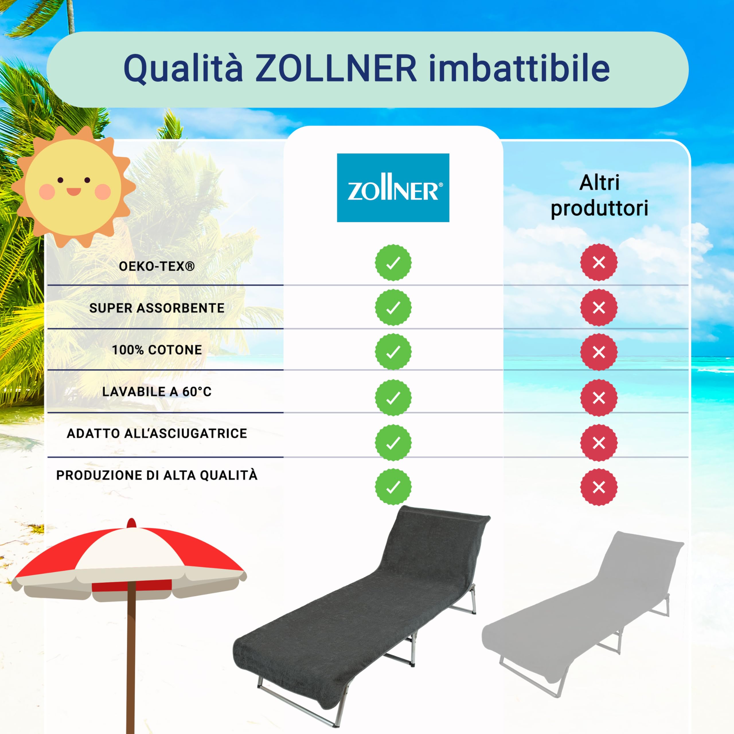 ZOLLNER Telo mare lettino con angoli 75x215 cm Asciugamano da spiaggia grigio scuro Super morbido Assorbente Cotone Certificato Oeko-Tex